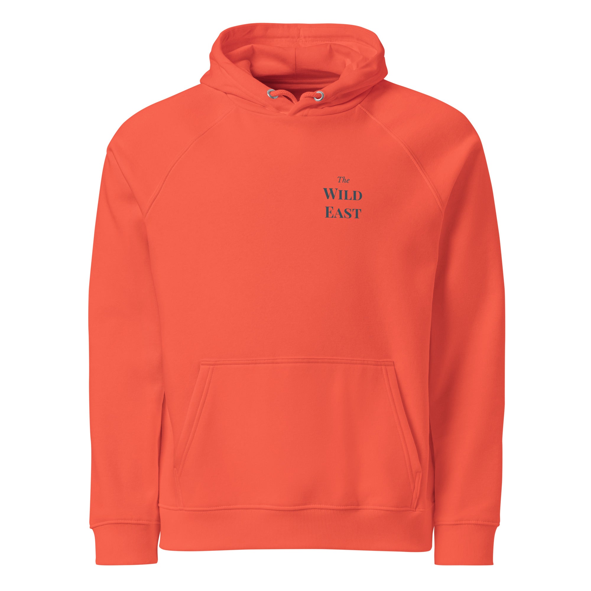 Orange hoodie with hood drawstring, kangaroo pocket, and "The Wild East" chest print