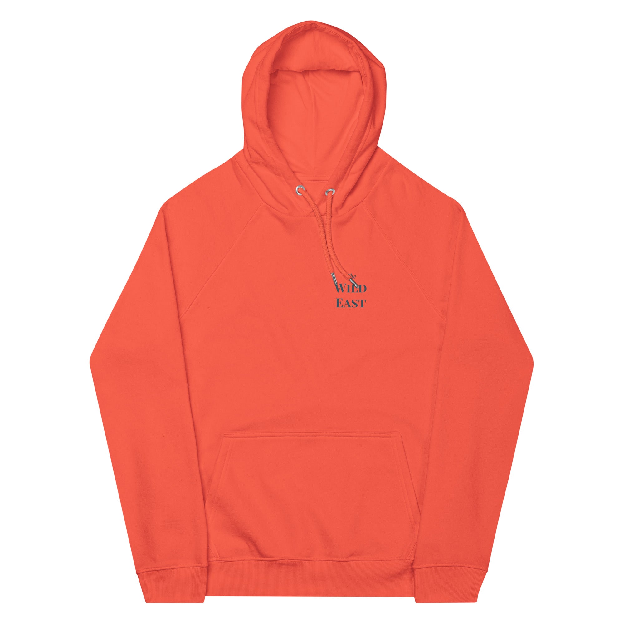 Burnt orange hoodie with hood drawstring, kangaroo pocket, and "The Wild East" chest print