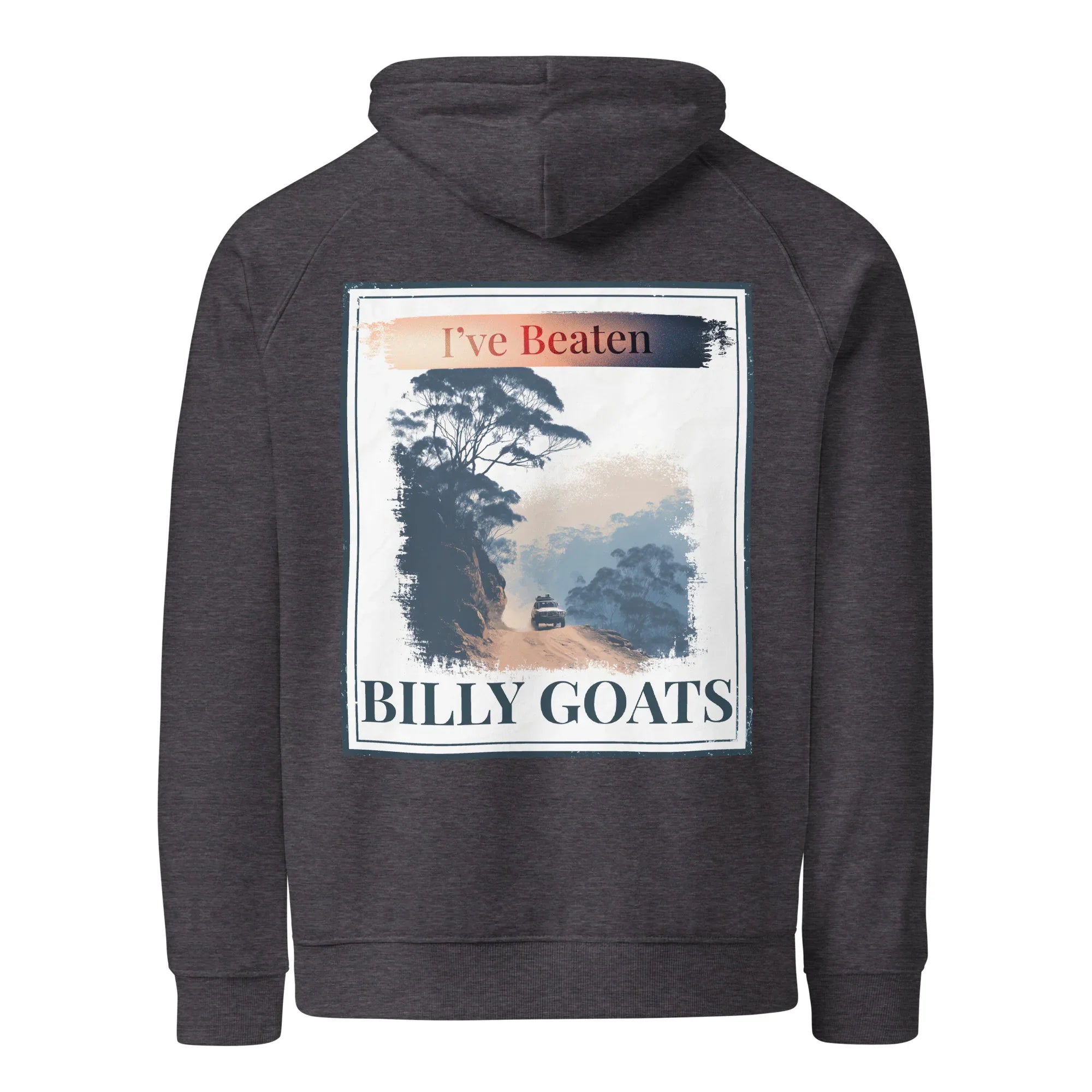 Charcoal eco hoodie with hood and large back print reading “BILLY GOATS”