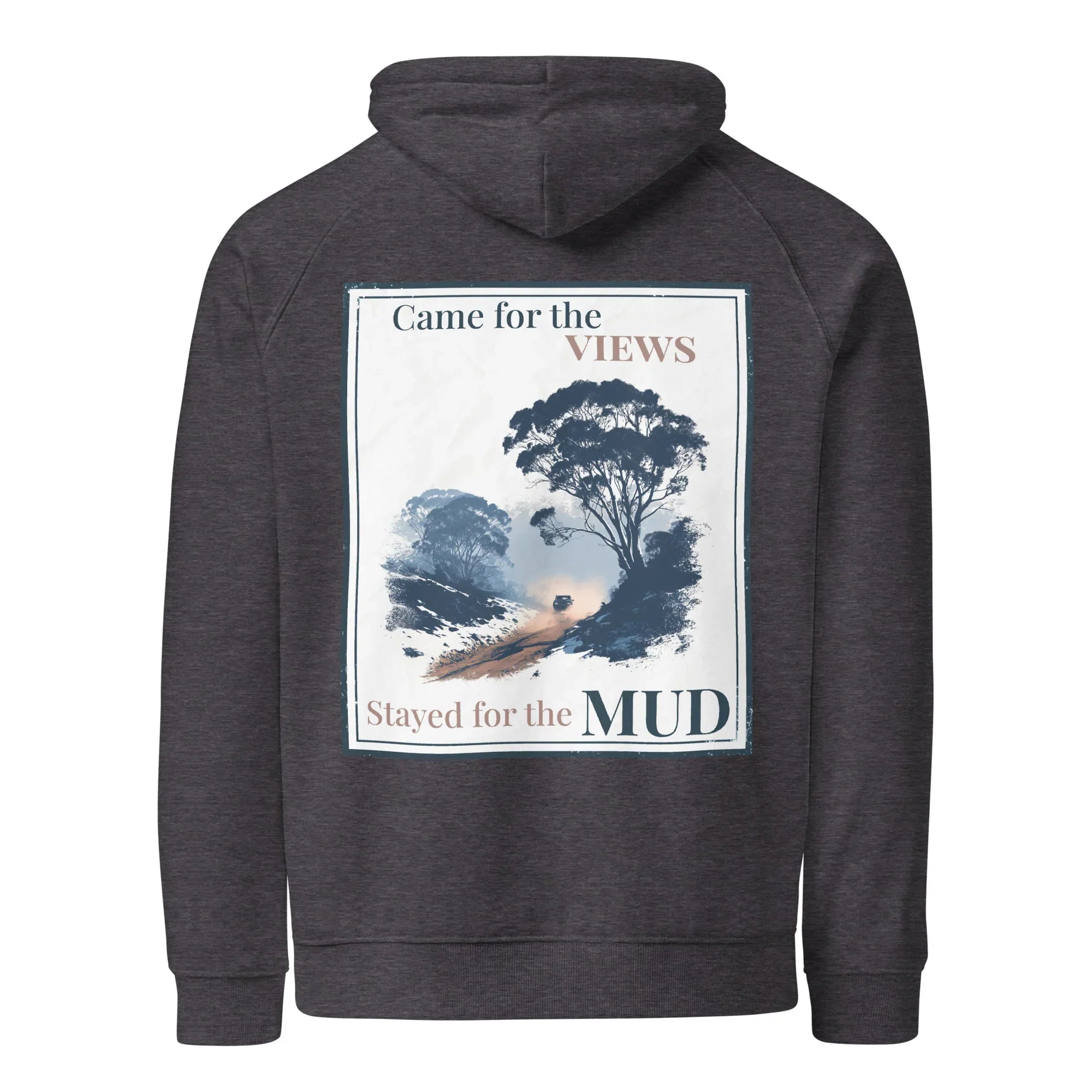 Charcoal melange hoodie with back graphic panel print, hood, and kangaroo pocket