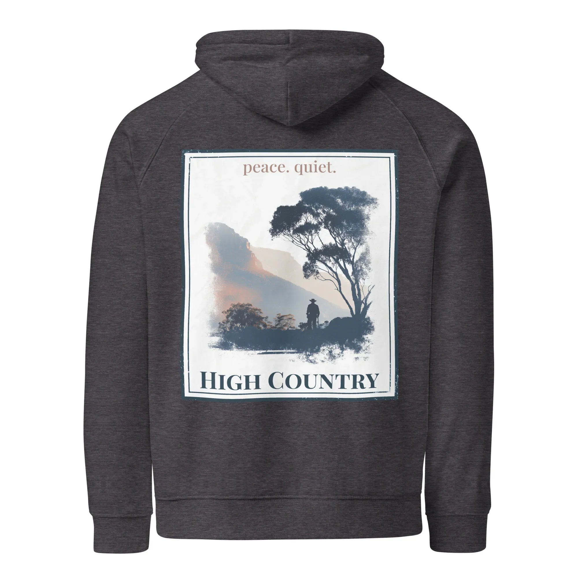 Charcoal melange hoodie with back graphic print, hooded sweatshirt style, framed landscape.