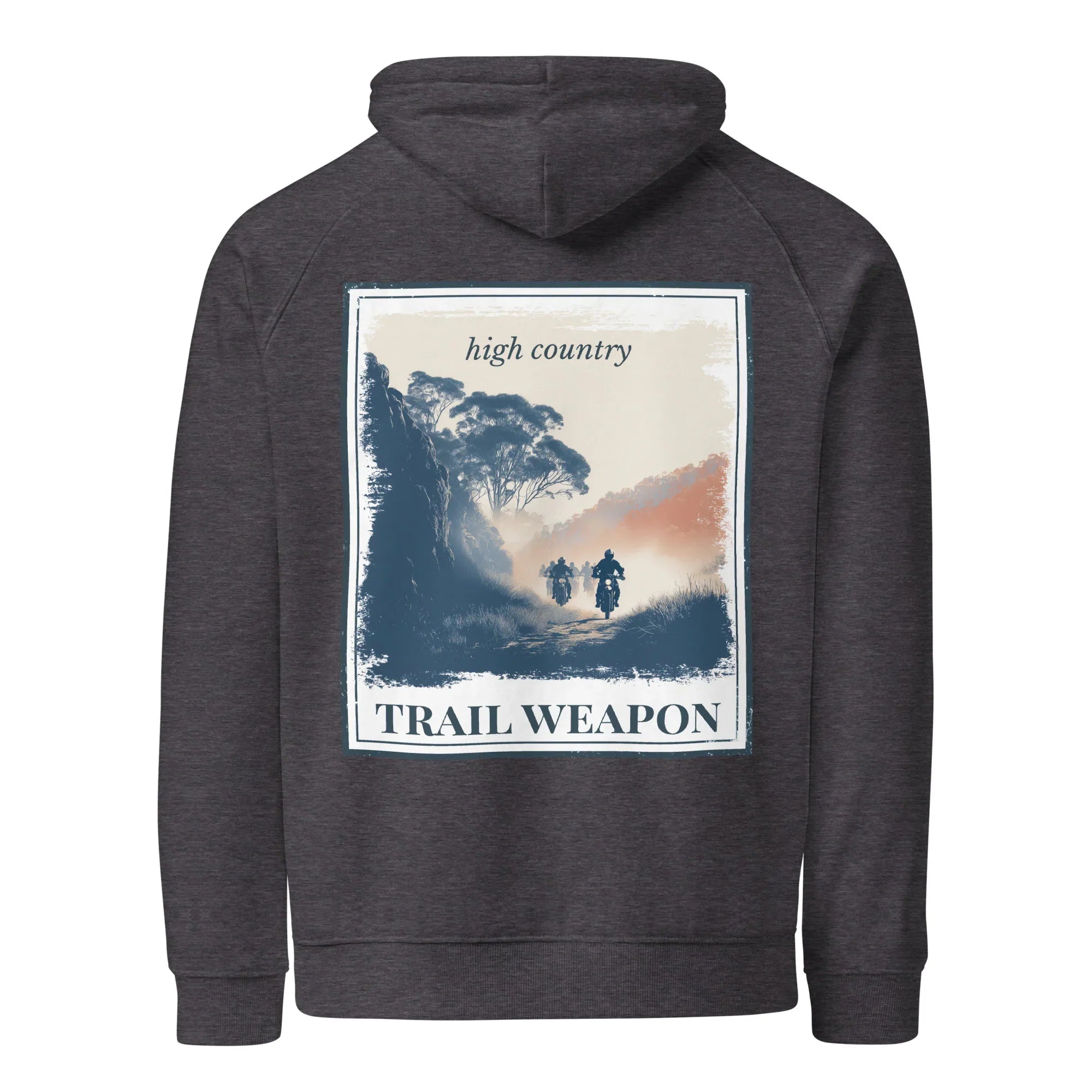 Eco hoodie in charcoal melange with hood and kangaroo pocket, framed back landscape graphic