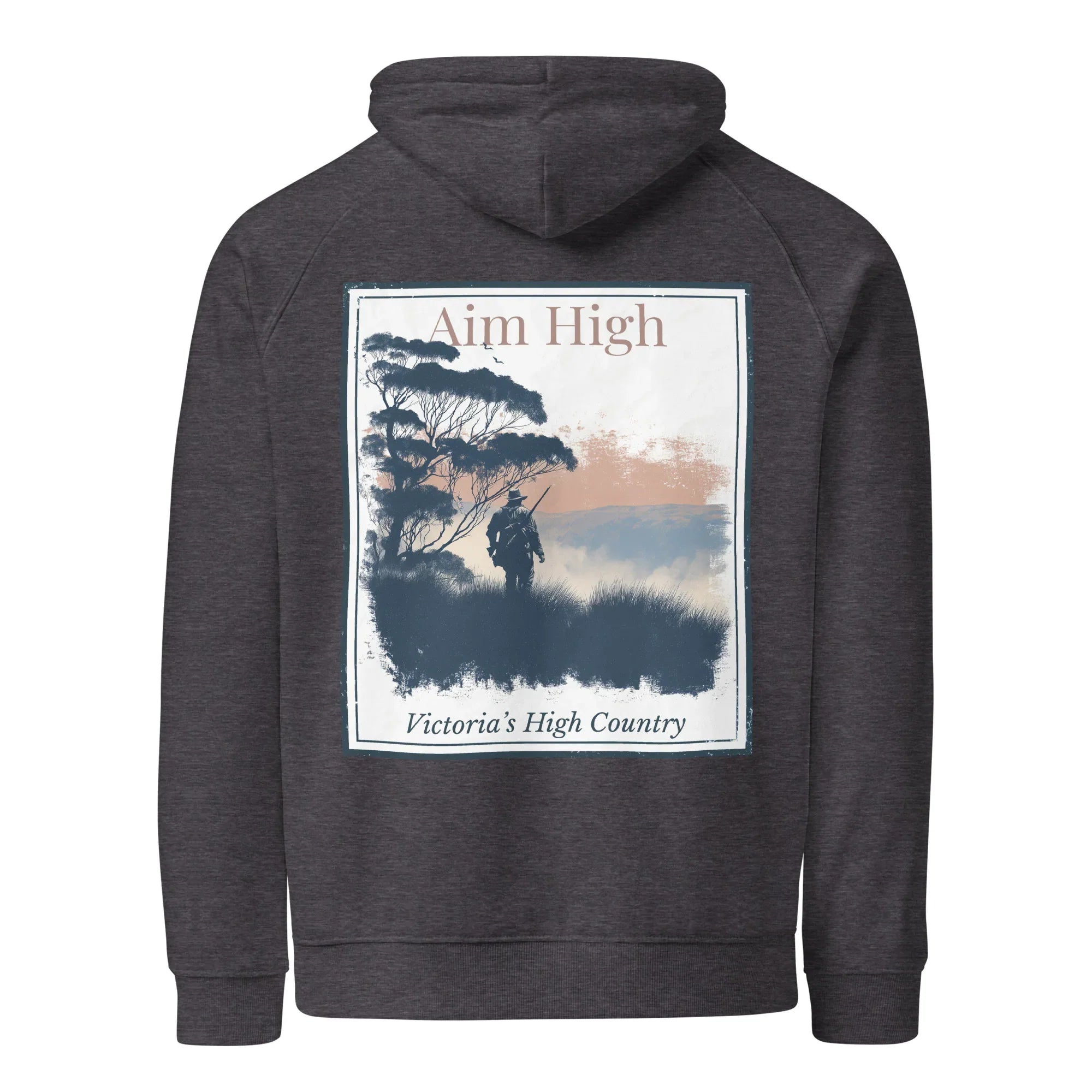 Charcoal eco hoodie with large back graphic panel and drawstring hood