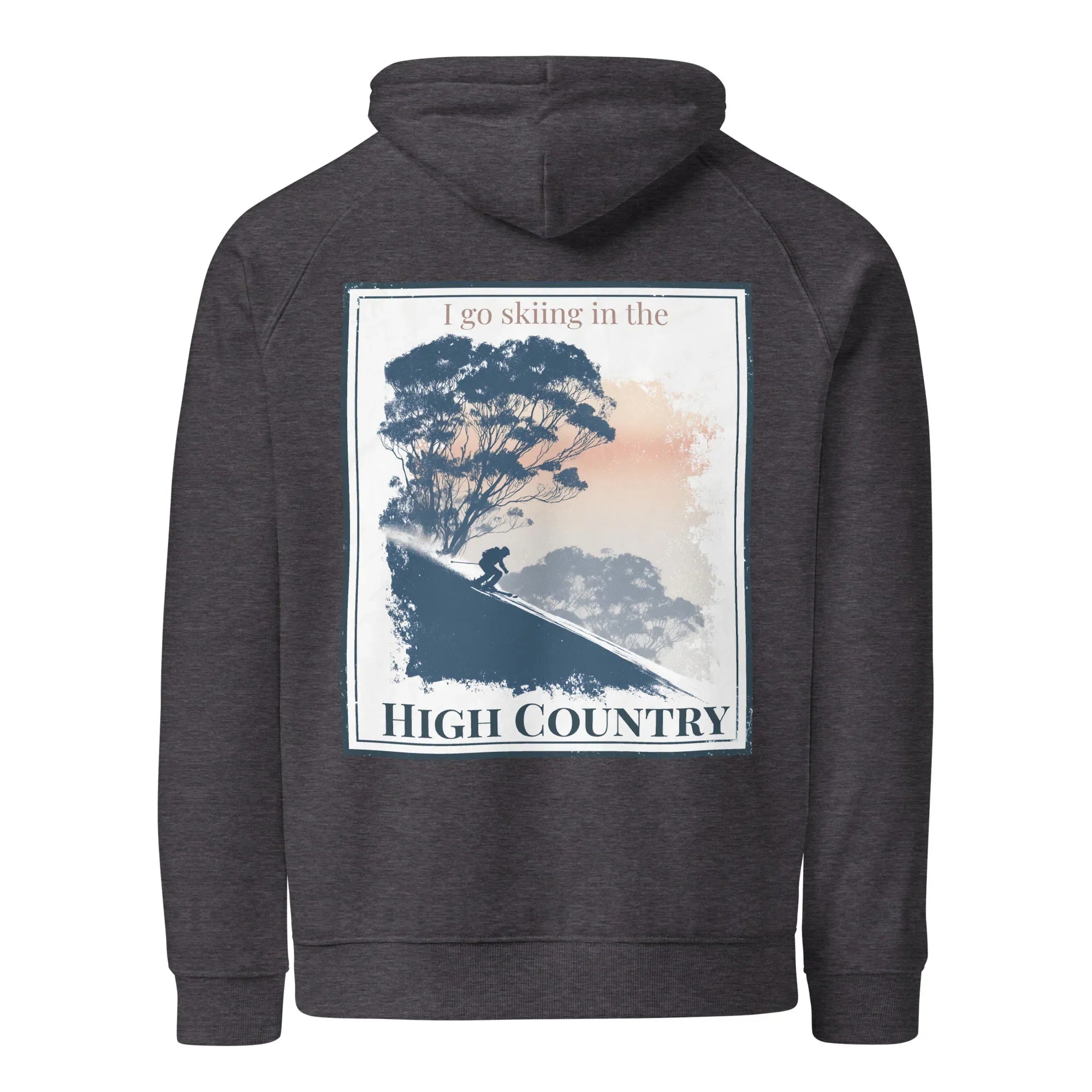 Charcoal heather pullover hoodie with hood and front pocket, featuring a large back “High Country” print.