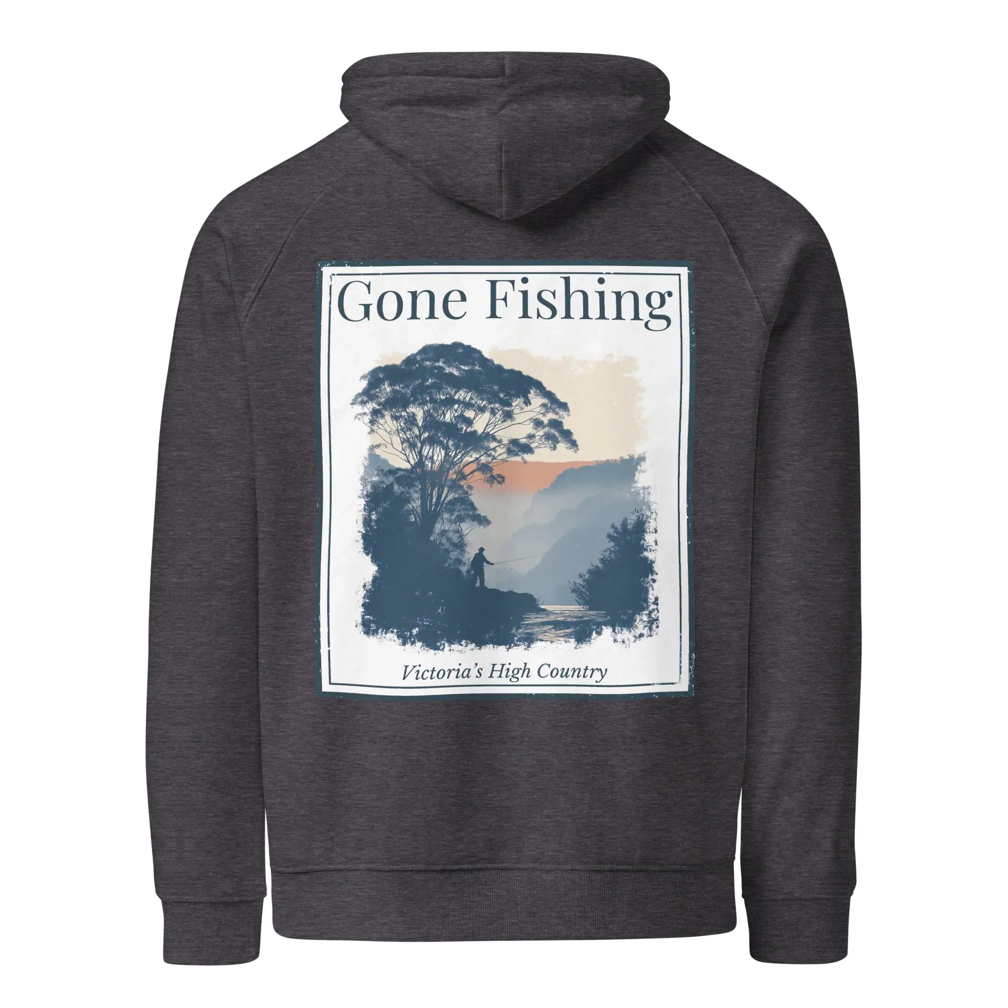 Eco hoodie in charcoal with large back “Gone Fishing” print and drawstring hood.