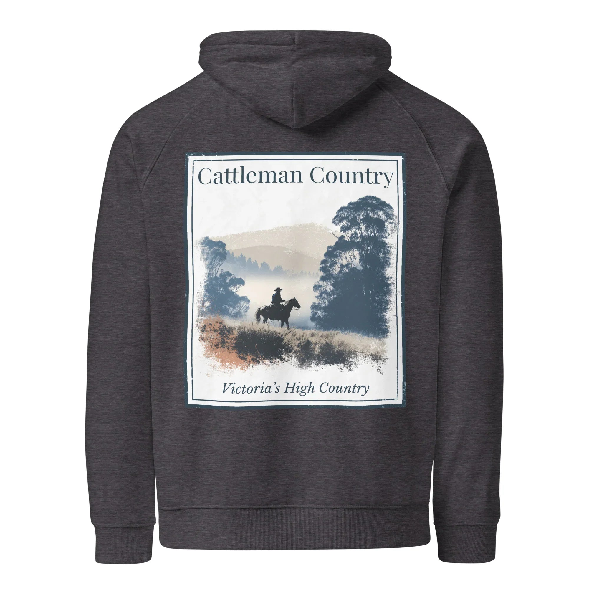Charcoal melange eco hoodie with large back graphic print, hood, and kangaroo pocket
