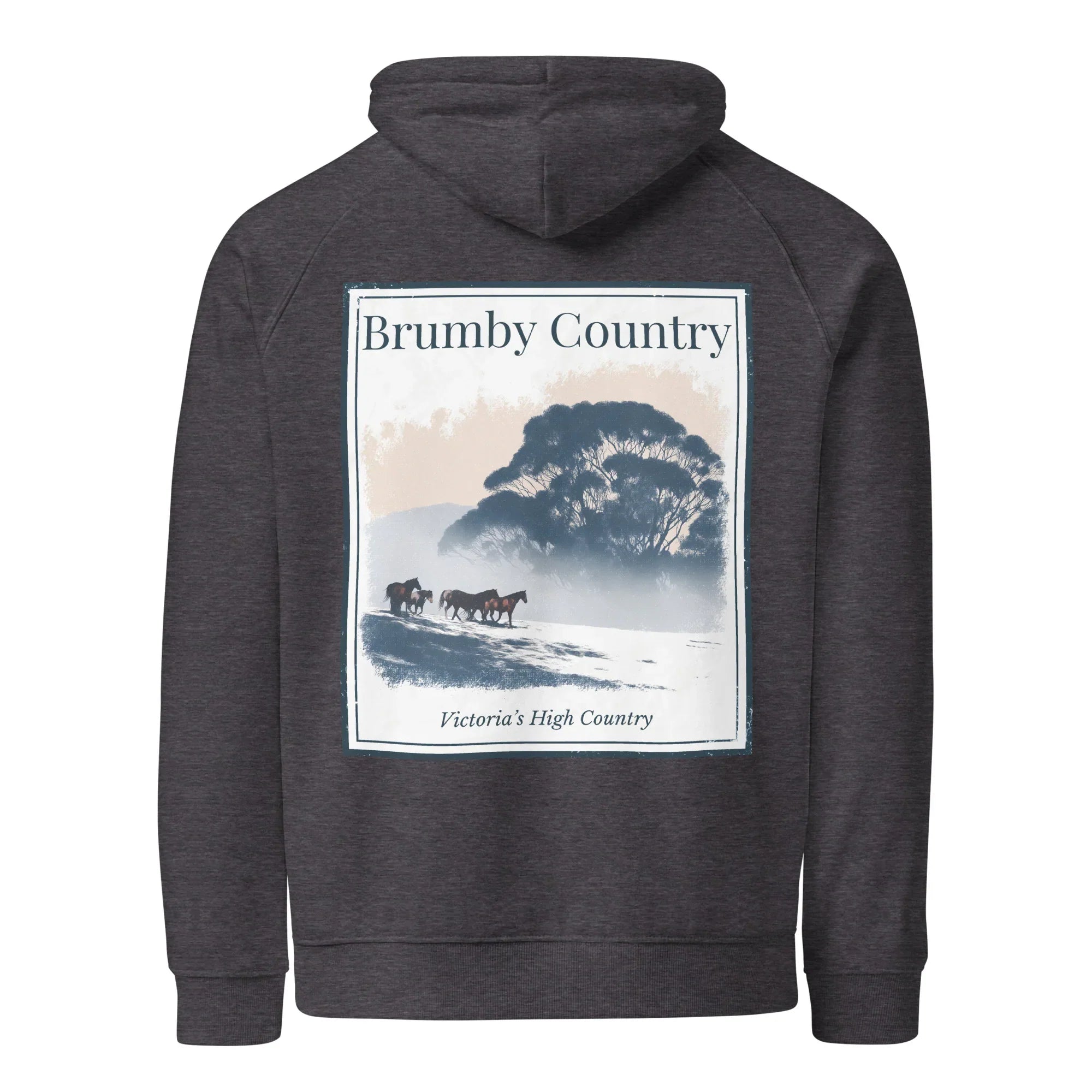 Charcoal melange eco hoodie with large back graphic print and Brumby Country text