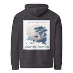 Eco hoodie, charcoal melange, front square graphic print with trees and text 'Above the Snowline'