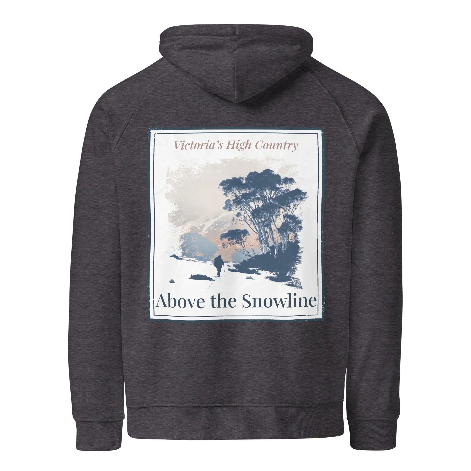 Eco hoodie, charcoal melange, front square graphic print with trees and text 'Above the Snowline'