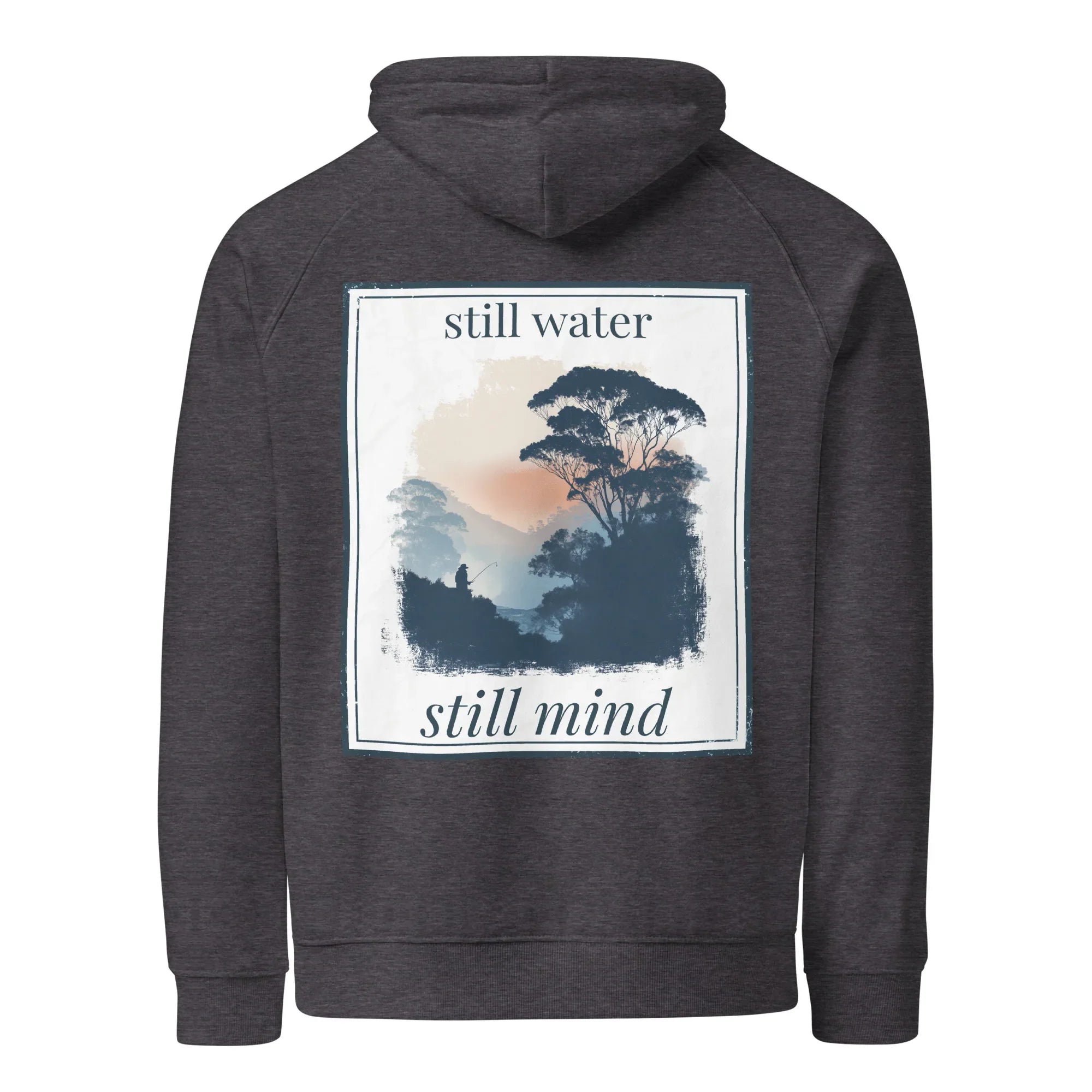 Charcoal melange hoodie, back graphic print reading “still water” and “still mind”