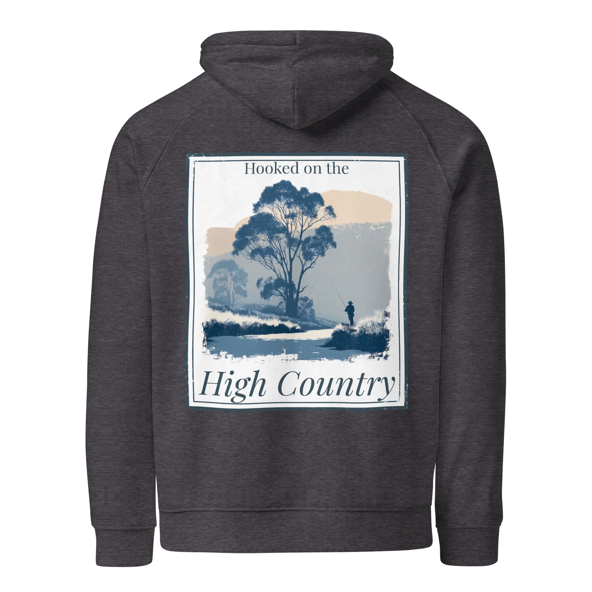 Charcoal melange hoodie with hood and large back “High Country” graphic