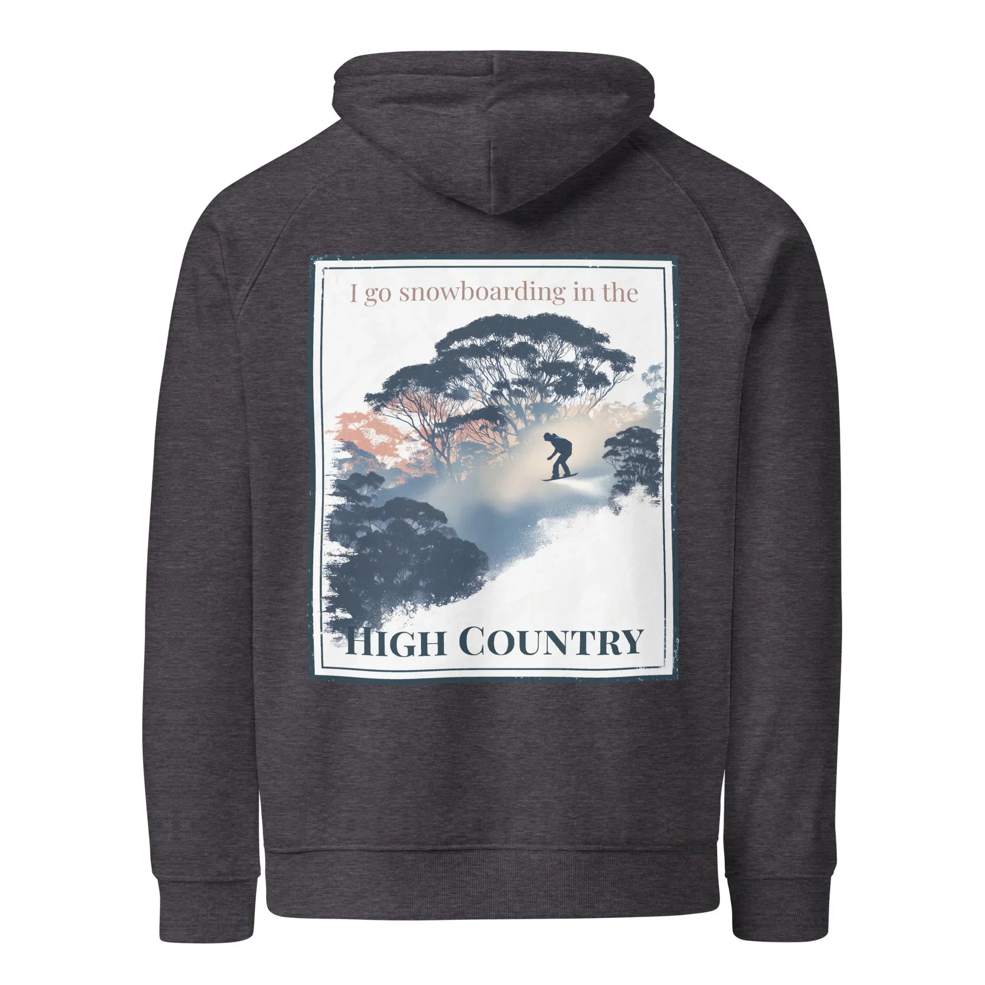 Charcoal melange eco hoodie with centered back graphic and hood