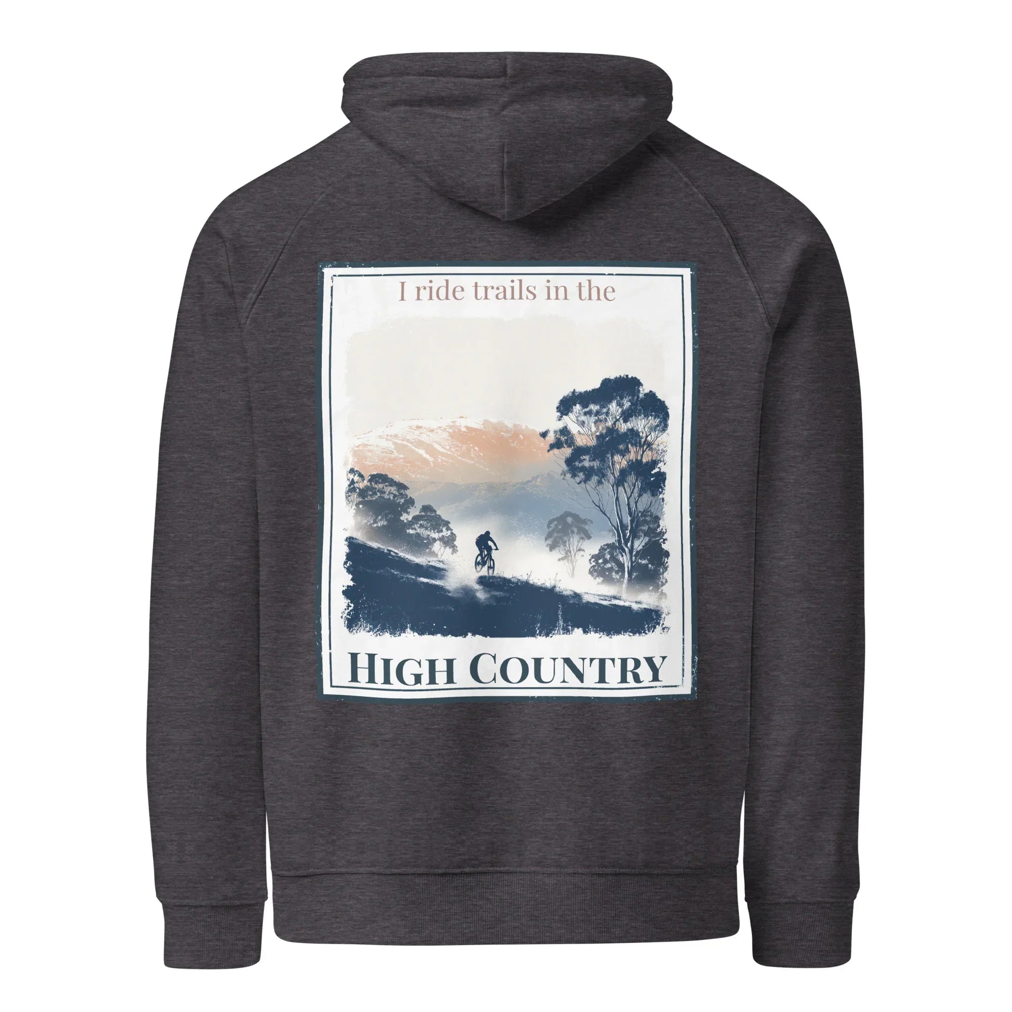 Charcoal melange hoodie, back view, with square scenic graphic and “High Country” text