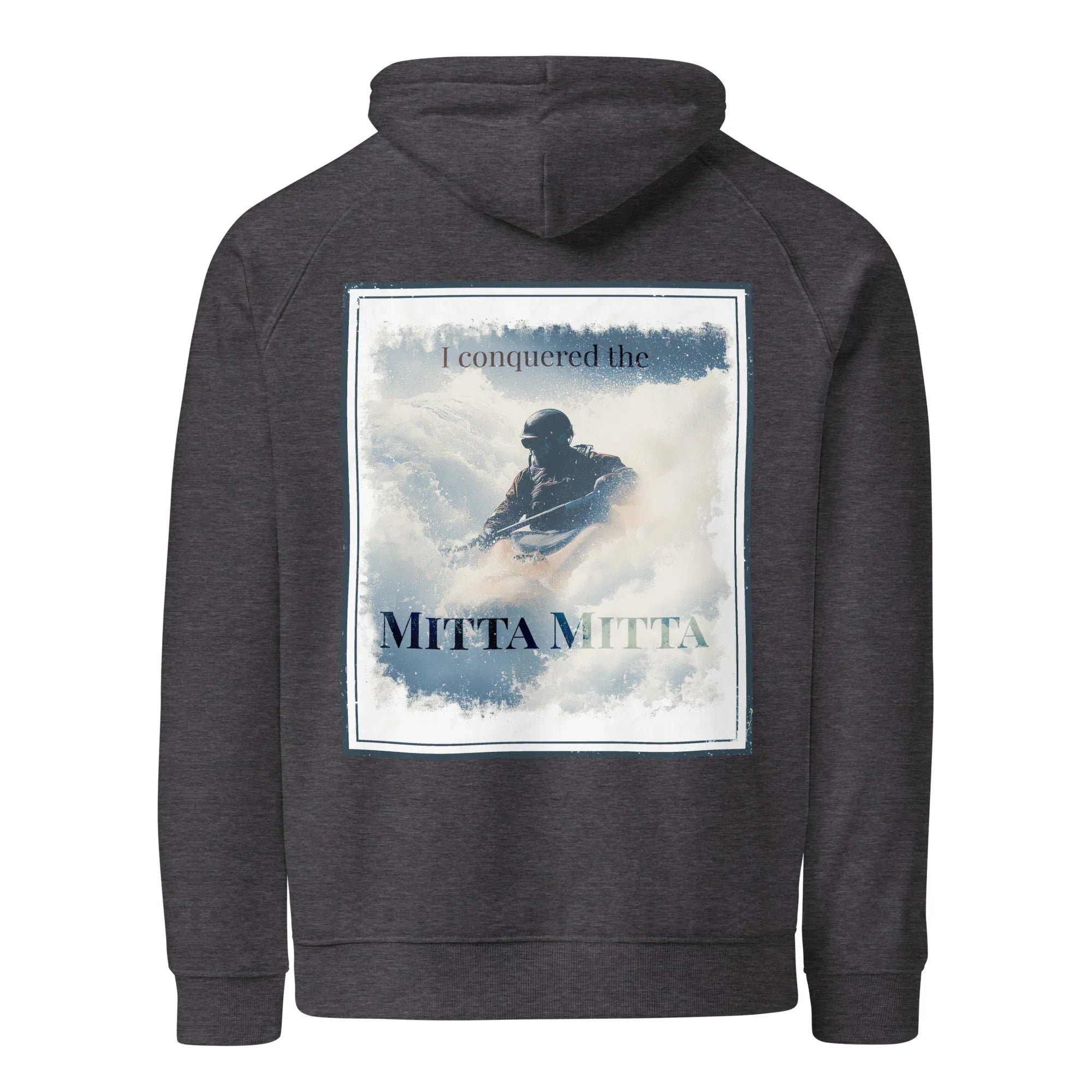 Charcoal melange hoodie with front center square scenic graphic and drawstring hood
