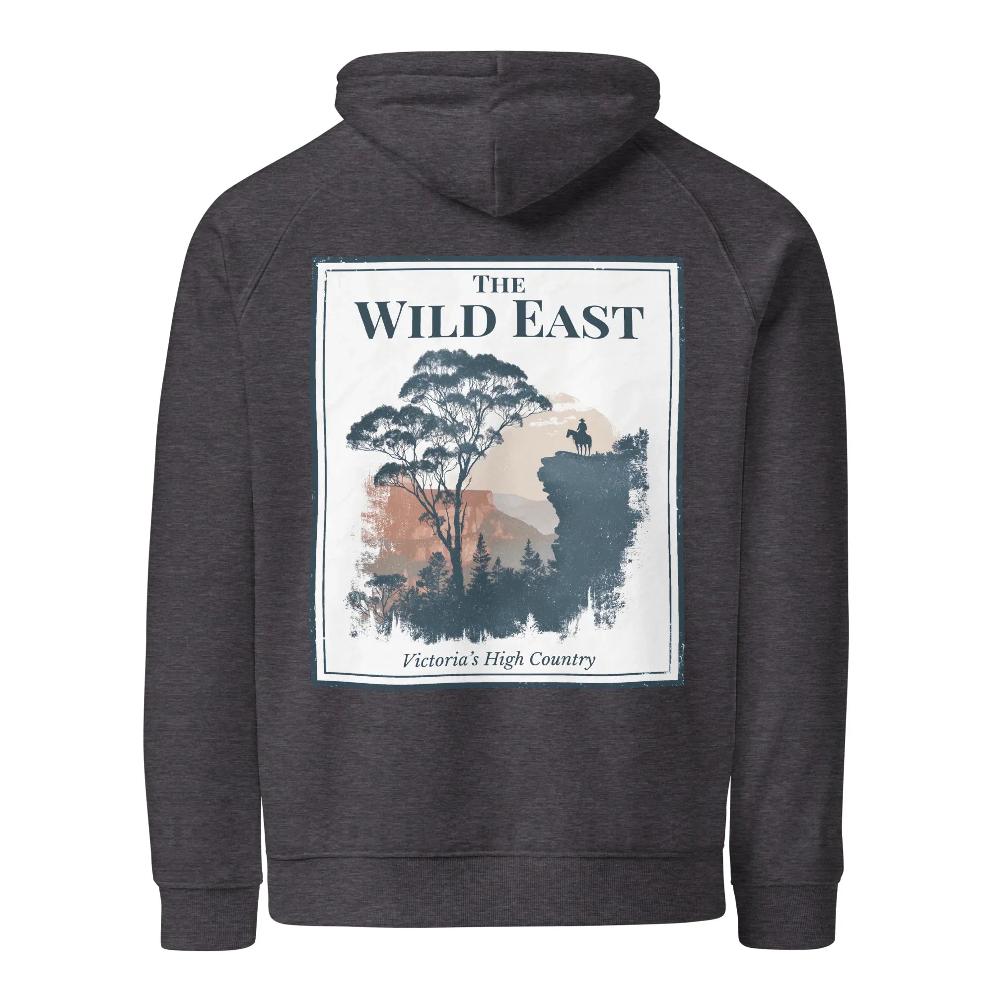 Charcoal melange eco hoodie with large square Wild East back graphic and trees print