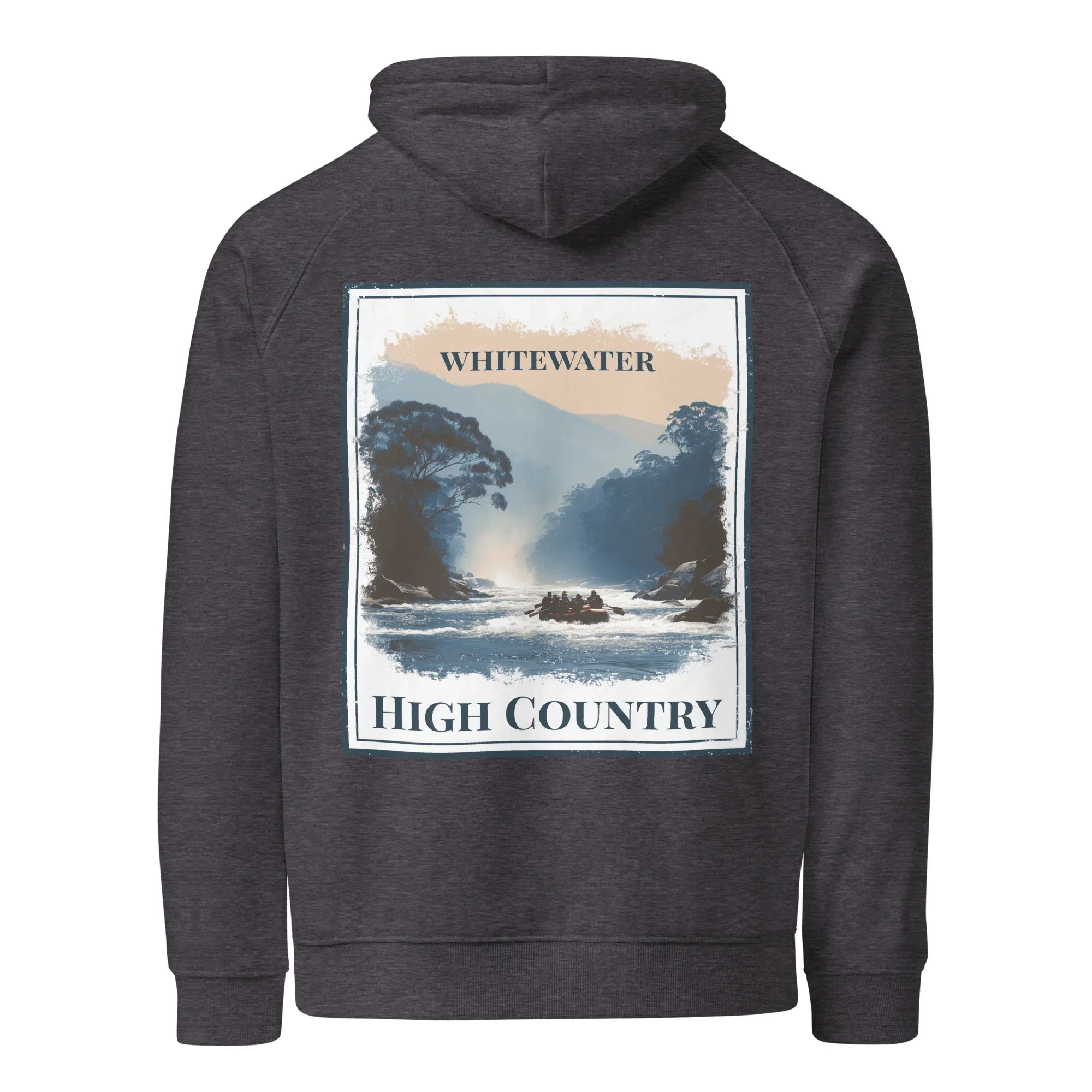 Eco hoodie in charcoal, back view, with “WHITEWATER” and “HIGH COUNTRY” print
