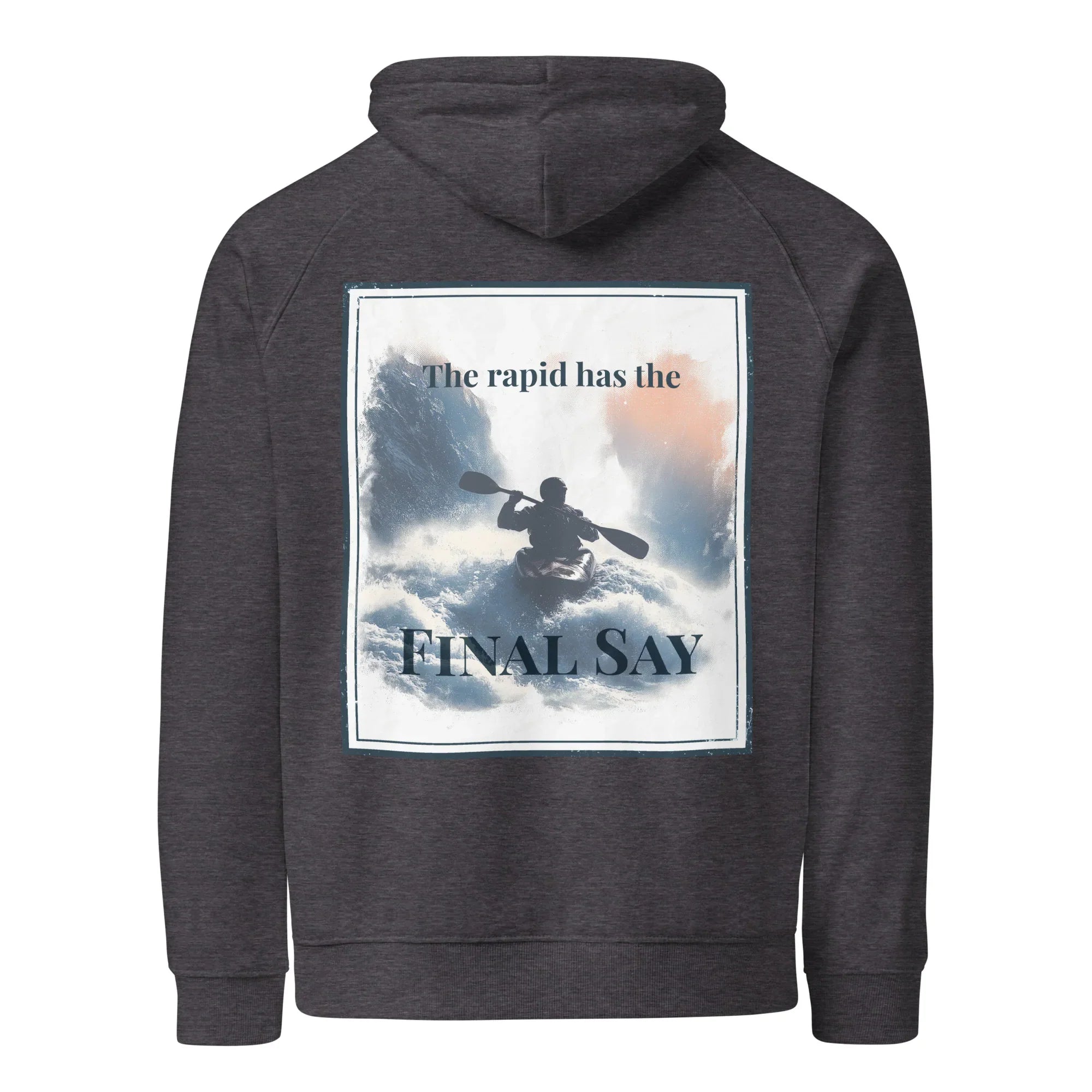 Charcoal eco hoodie with hood, kangaroo pocket, and back graphic print