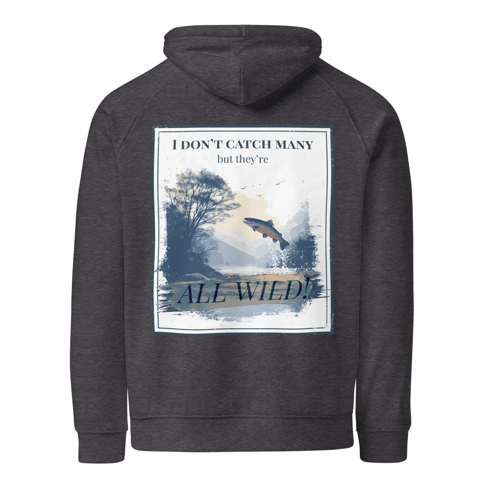 Charcoal melange hoodie with large back rectangular nature graphic and hood