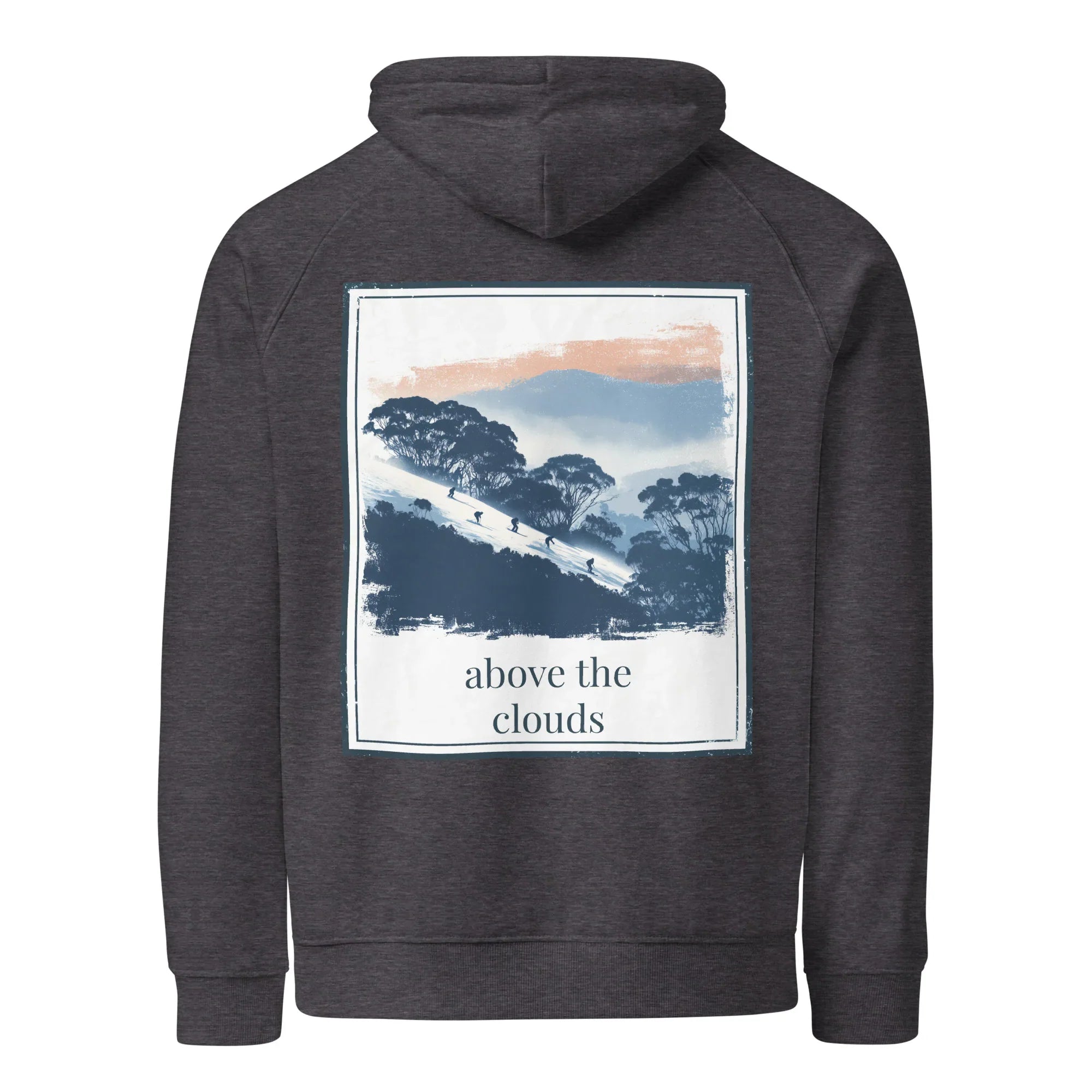 Charcoal melange hoodie with hood and large back square graphic print, 'above the clouds'.