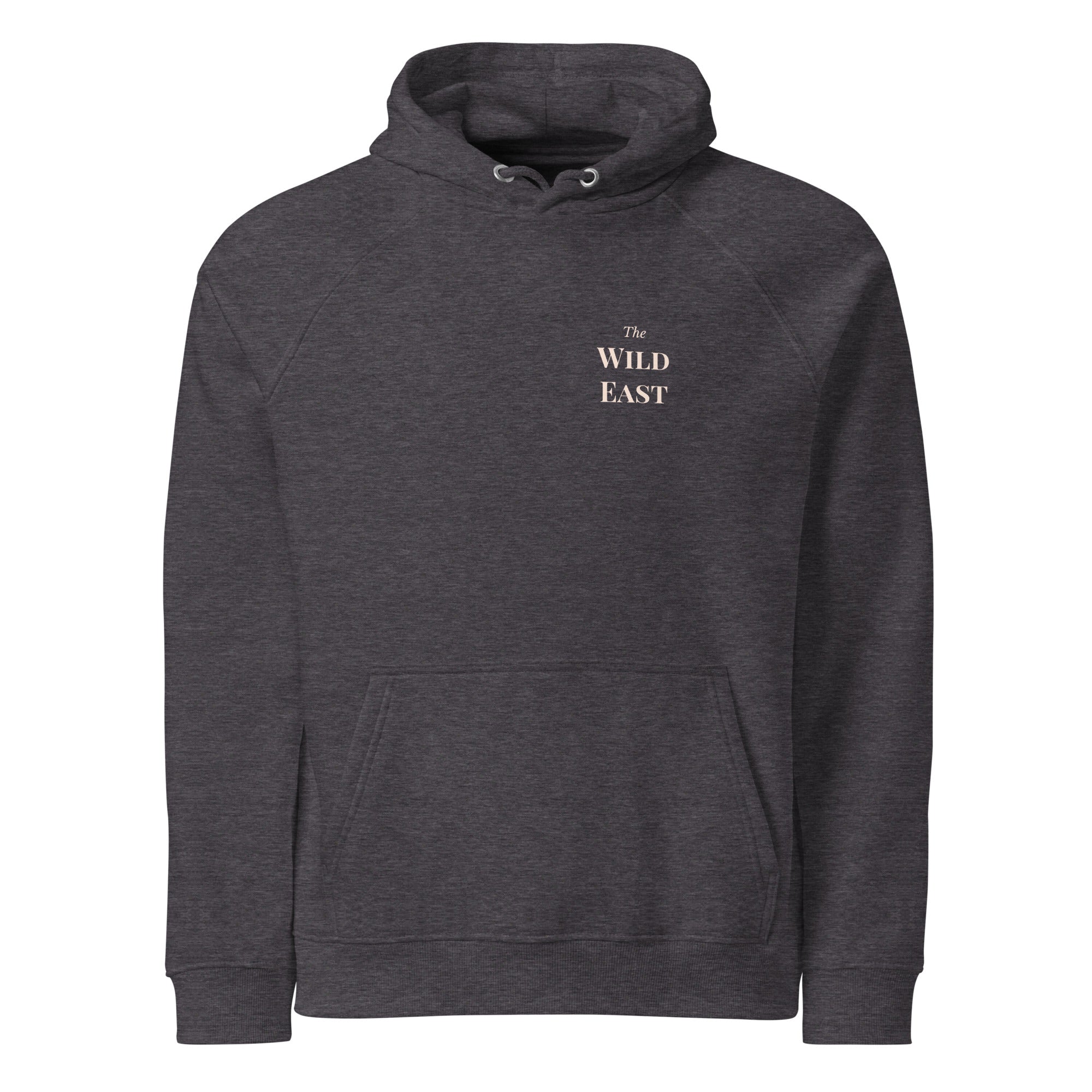 Charcoal eco hoodie with kangaroo pocket, drawstring hood, Wild East chest logo