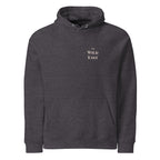 Charcoal melange hoodie with hood drawstring, kangaroo pocket, and "The Wild East" chest print