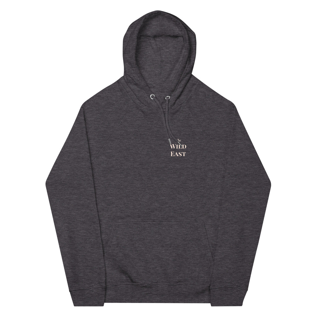 Charcoal hooded sweatshirt with drawstring hood, kangaroo pocket, and chest logo