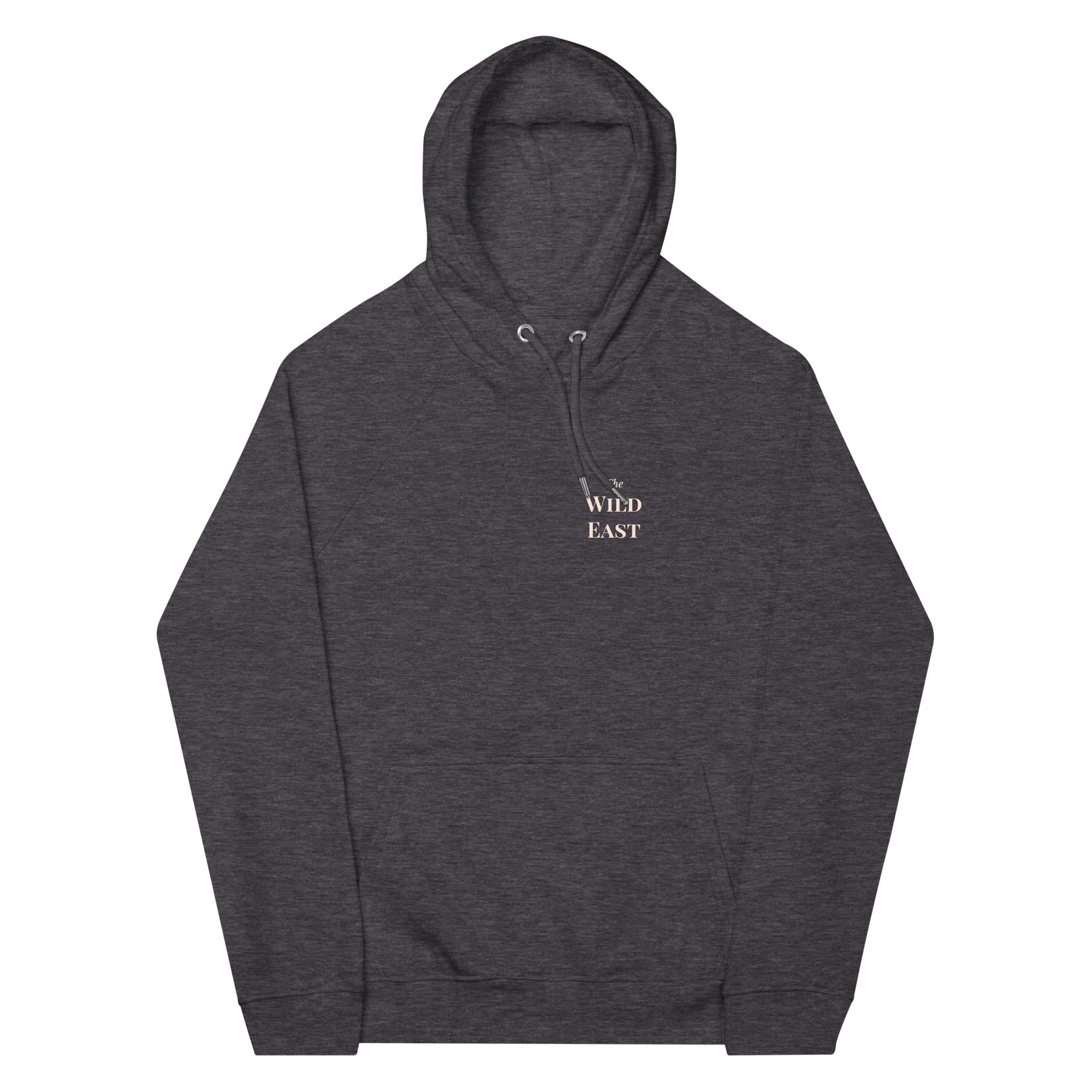 Dark gray hoodie with hood drawstring, kangaroo pocket, and "The Wild East" chest print