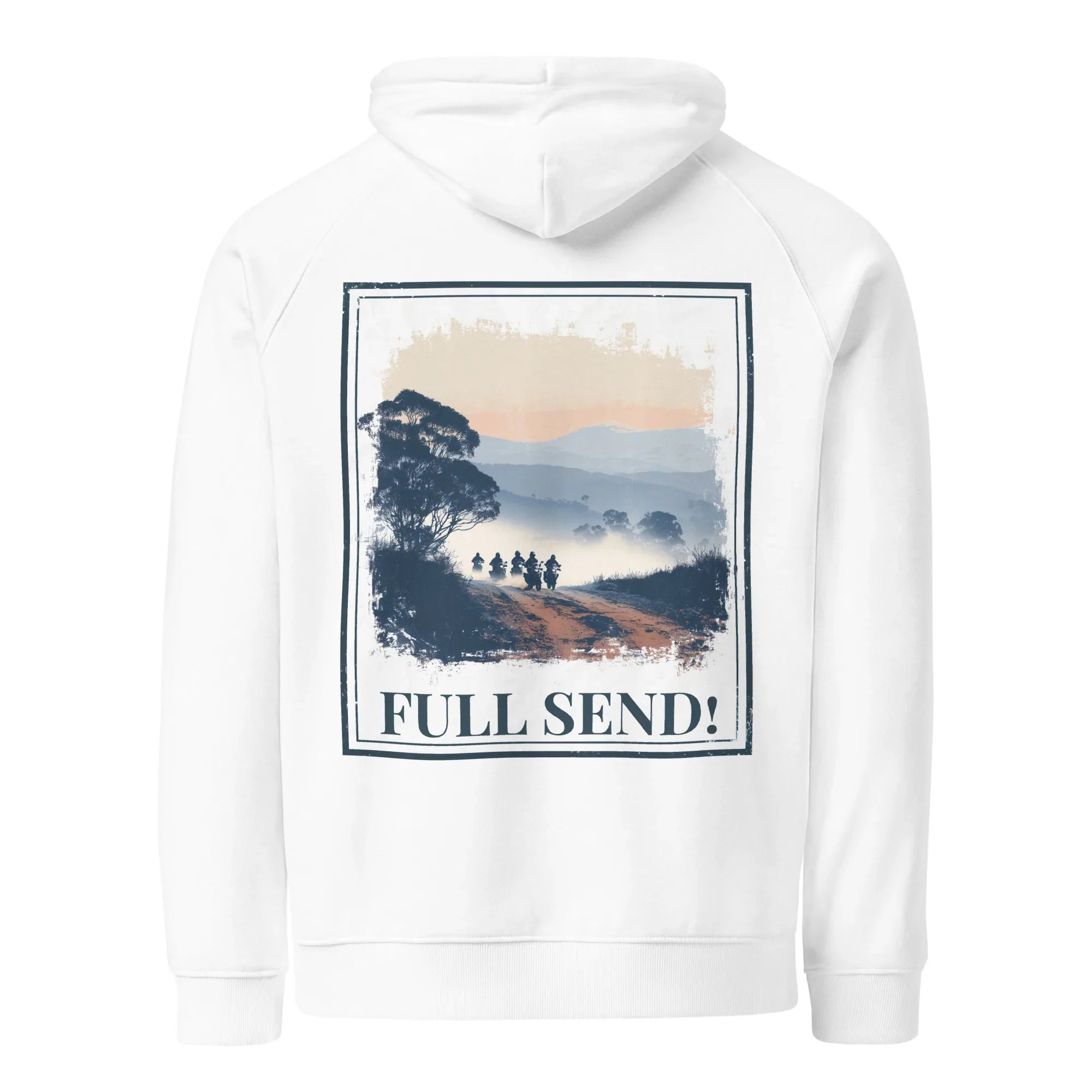 White Eco hoodie with “FULL SEND!” back graphic