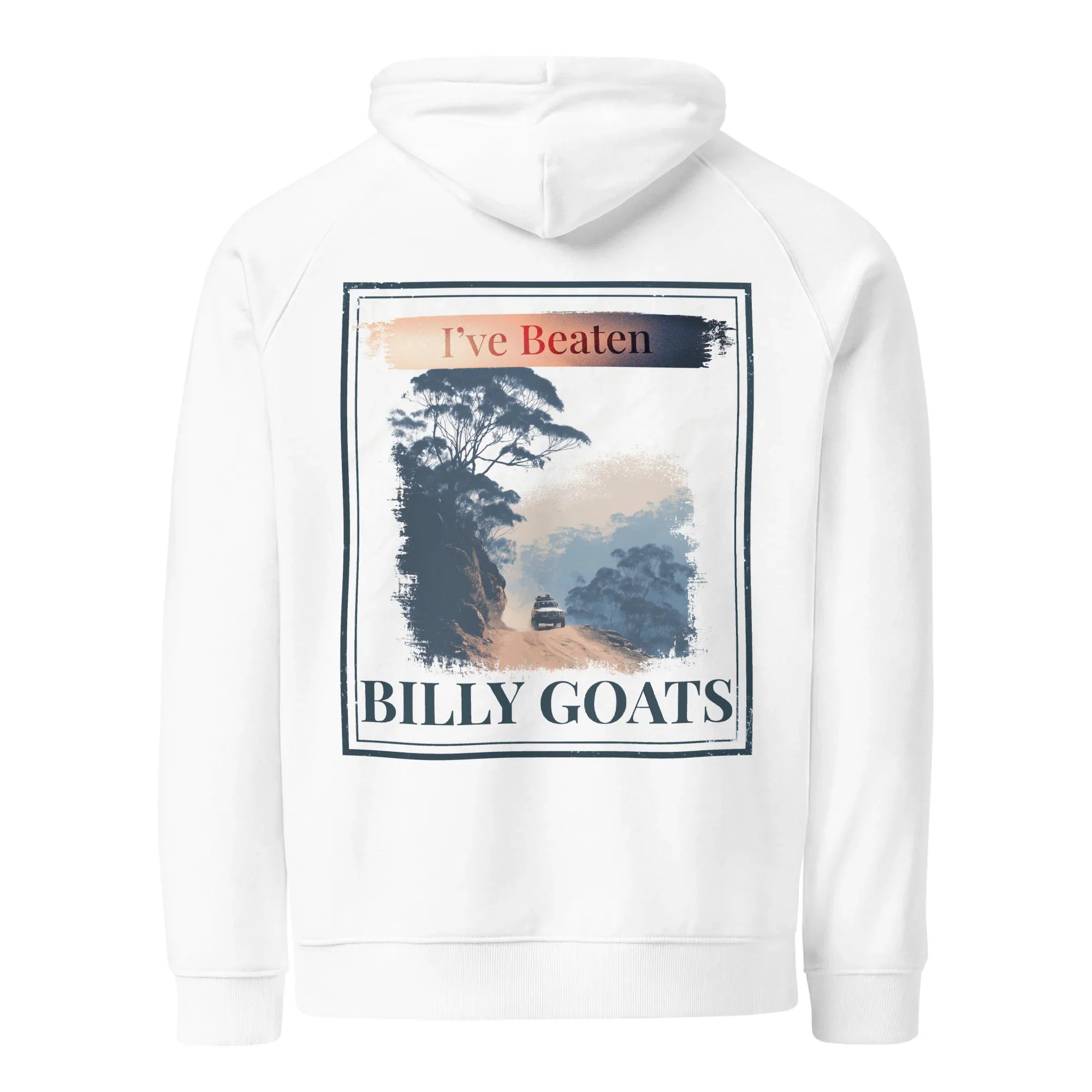 White eco hoodie with hood and large back print reading “BILLY GOATS”
