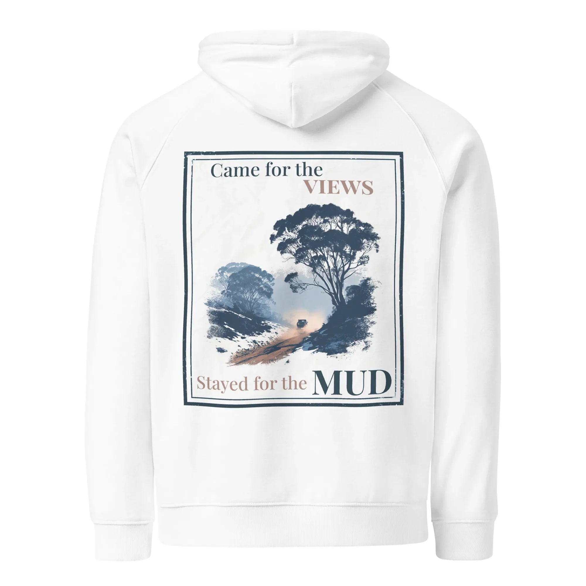 White hoodie with back graphic panel print, hood, and kangaroo pocket