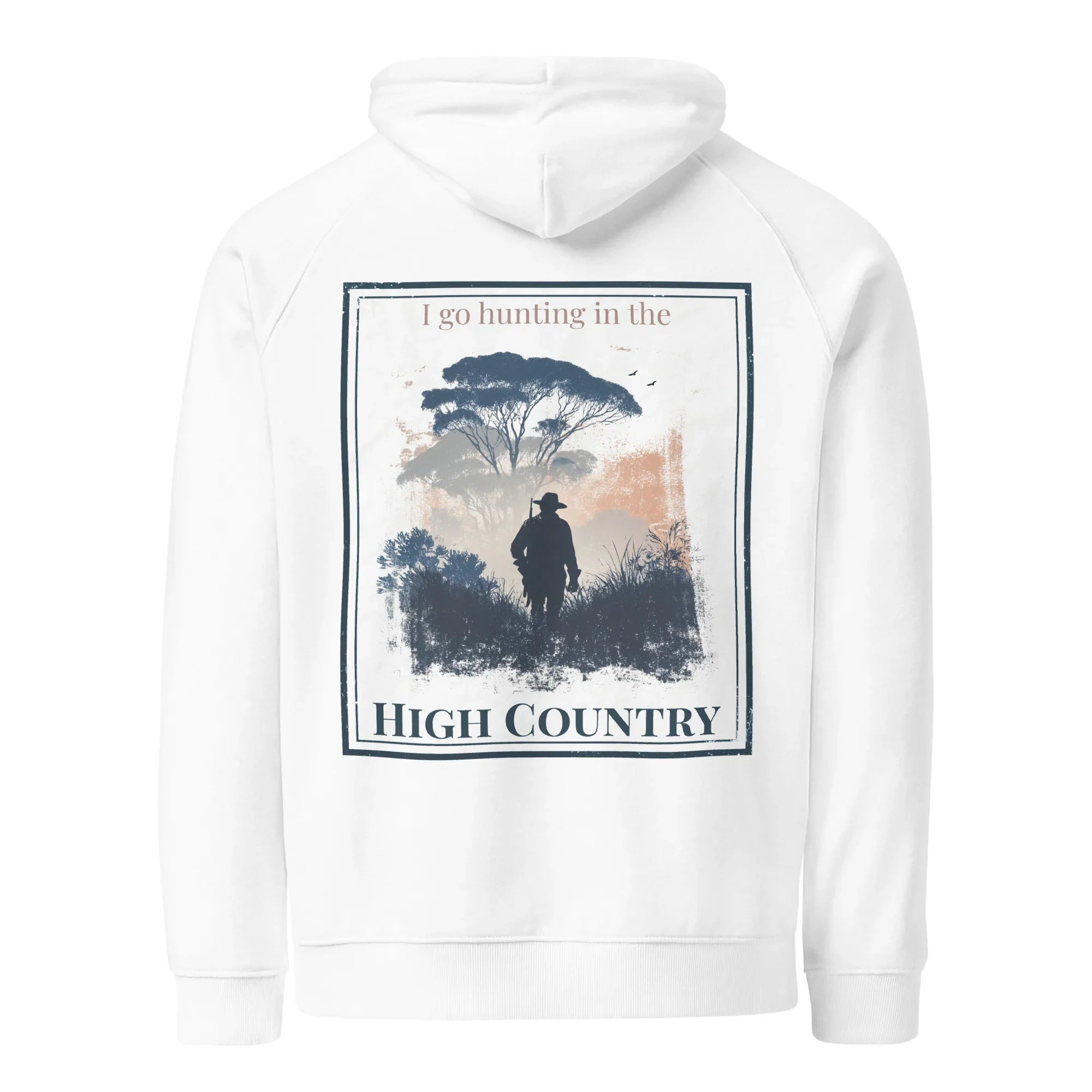 White hoodie, back view with hood and front pocket, featuring a square hunting-themed graphic