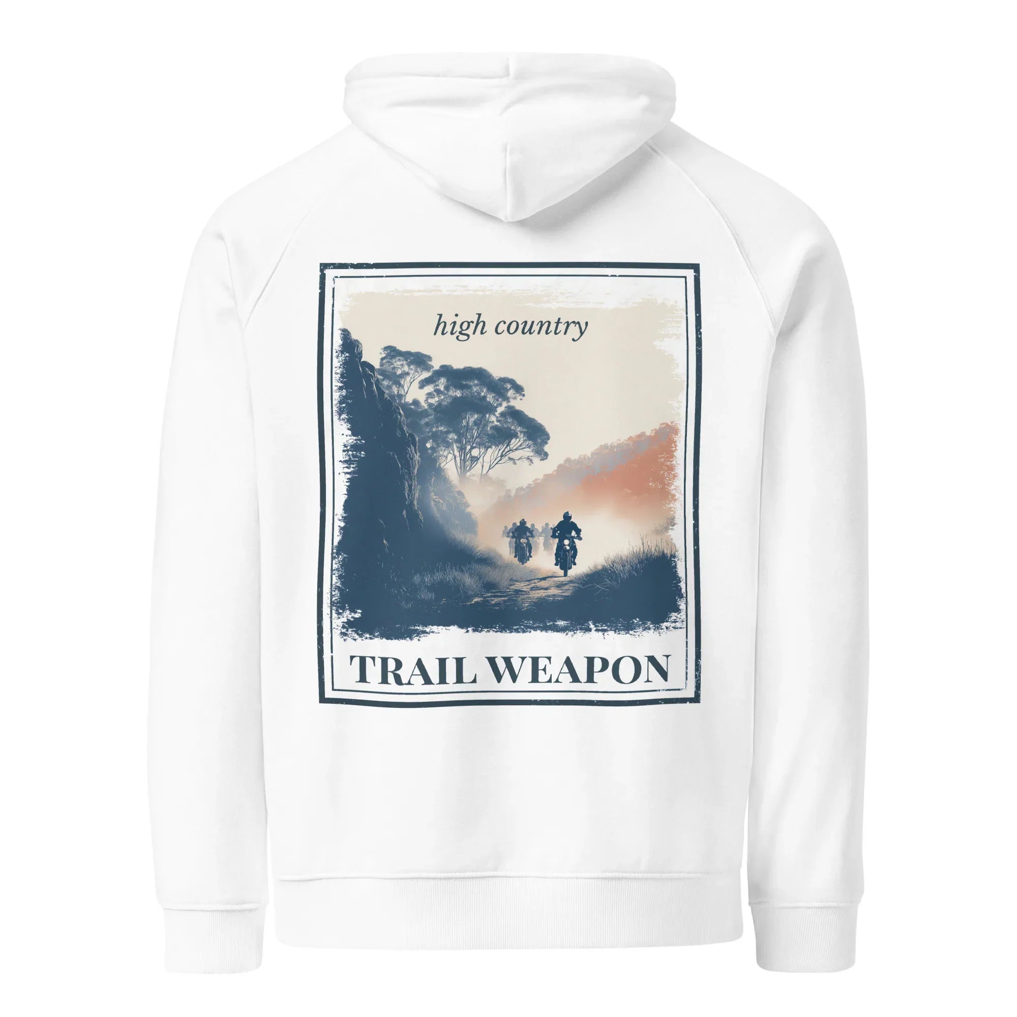 Eco hoodie in white with hood and kangaroo pocket, framed back landscape graphic