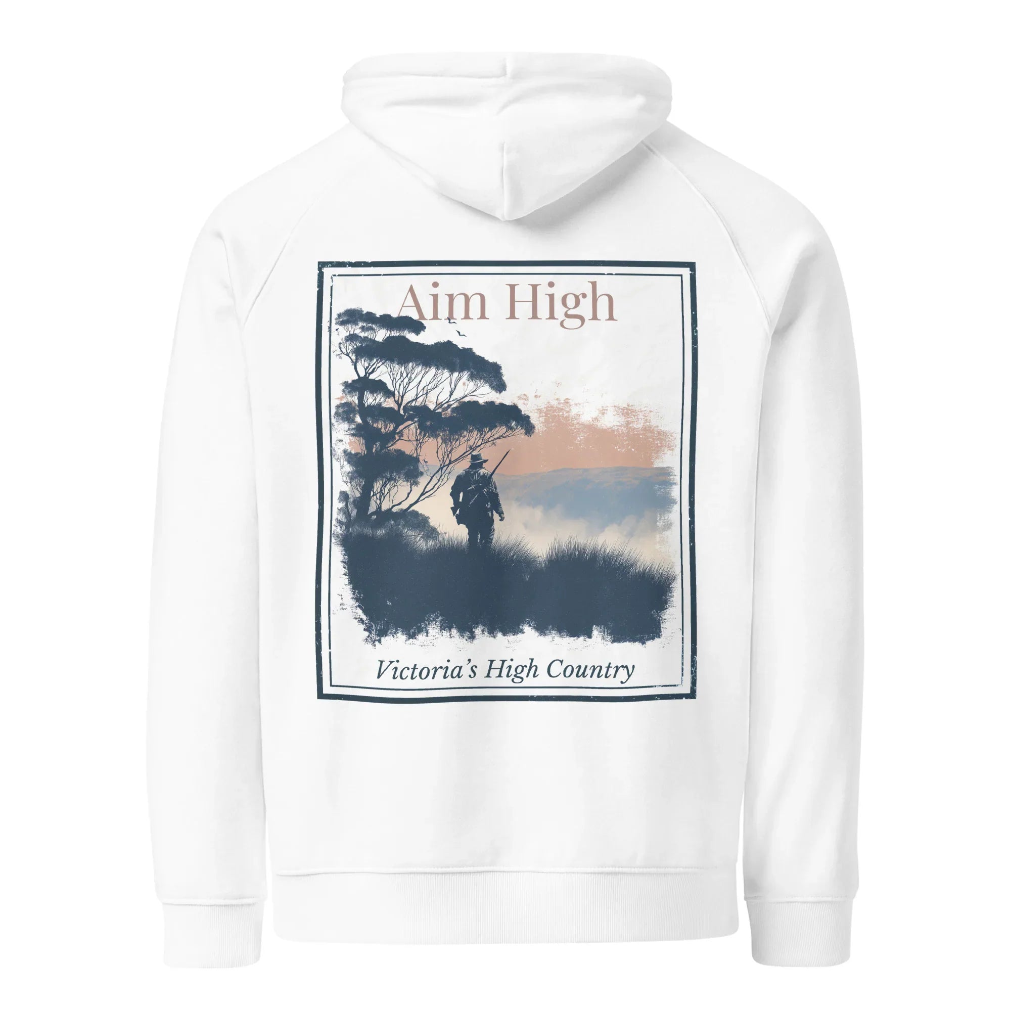 White eco hoodie with large back graphic panel and drawstring hood