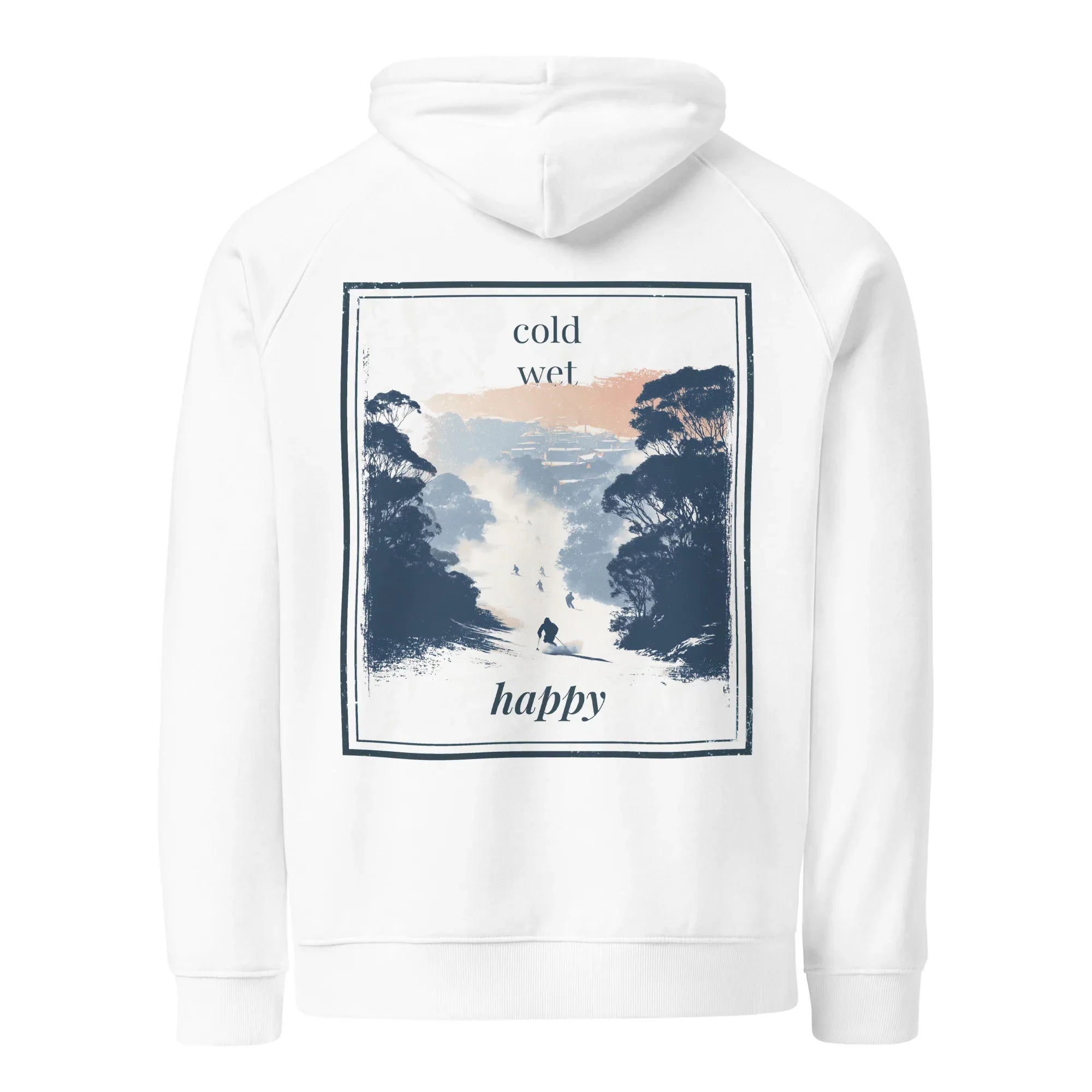 White hoodie with large square cold wet happy graphic on back and drawstring hood