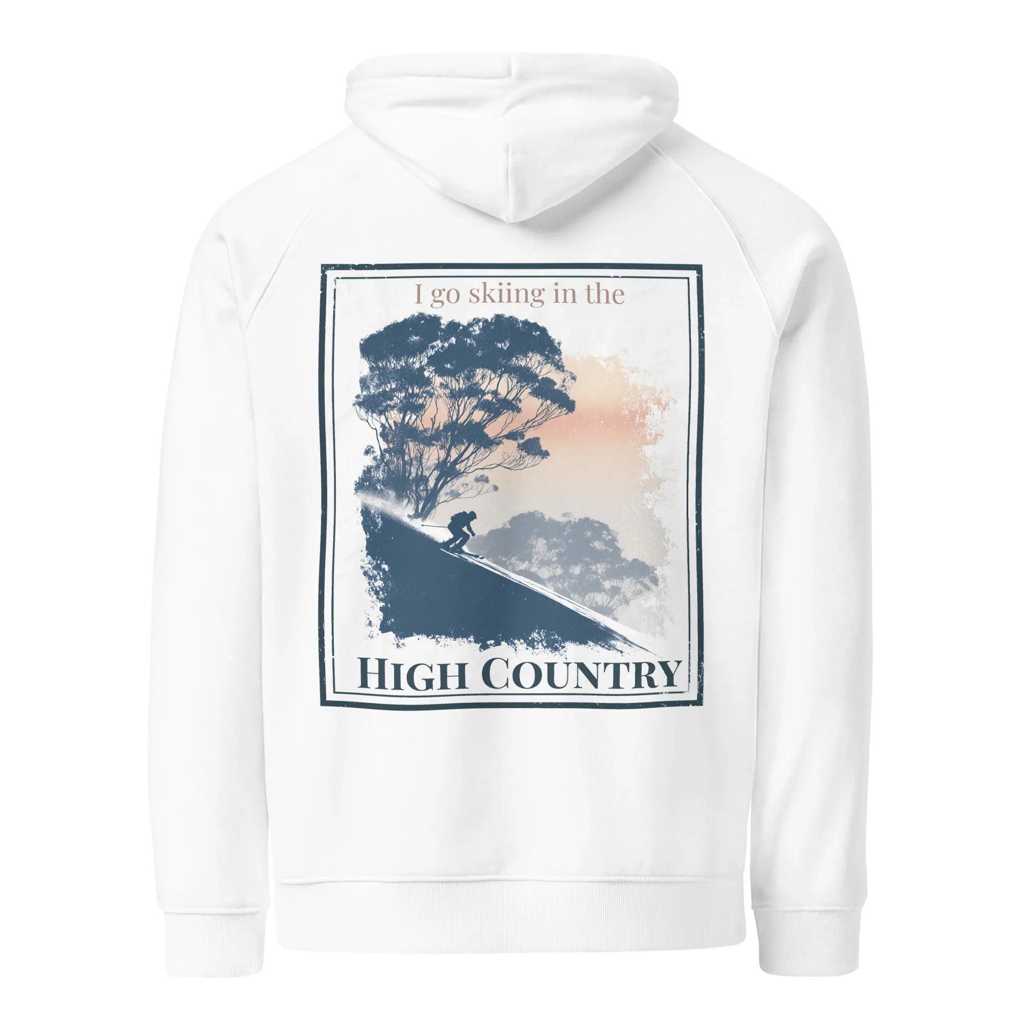 White pullover hoodie with hood and front pocket, featuring a large back “High Country” graphic.