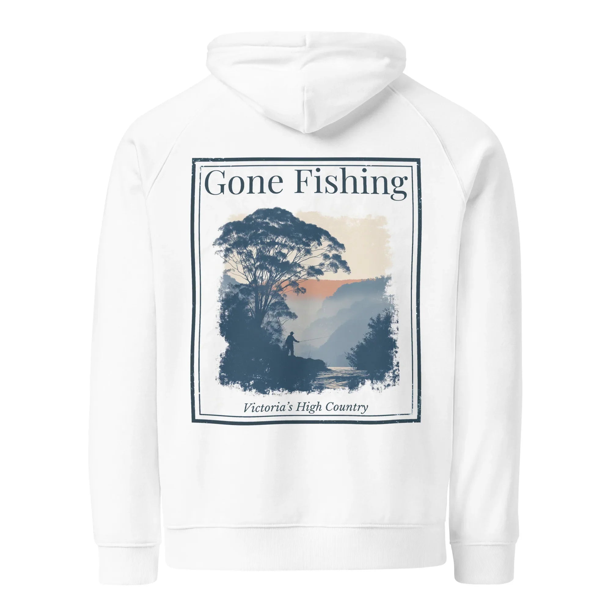 Eco hoodie in white with large back “Gone Fishing” print and hood.