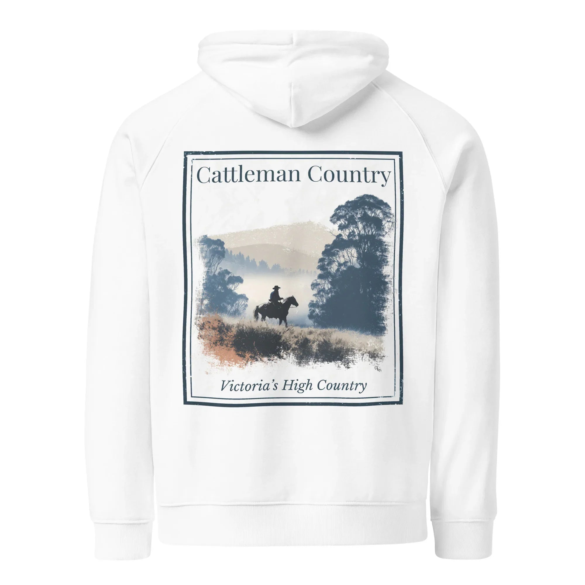 White eco hoodie with large back graphic print, hood, and kangaroo pocket