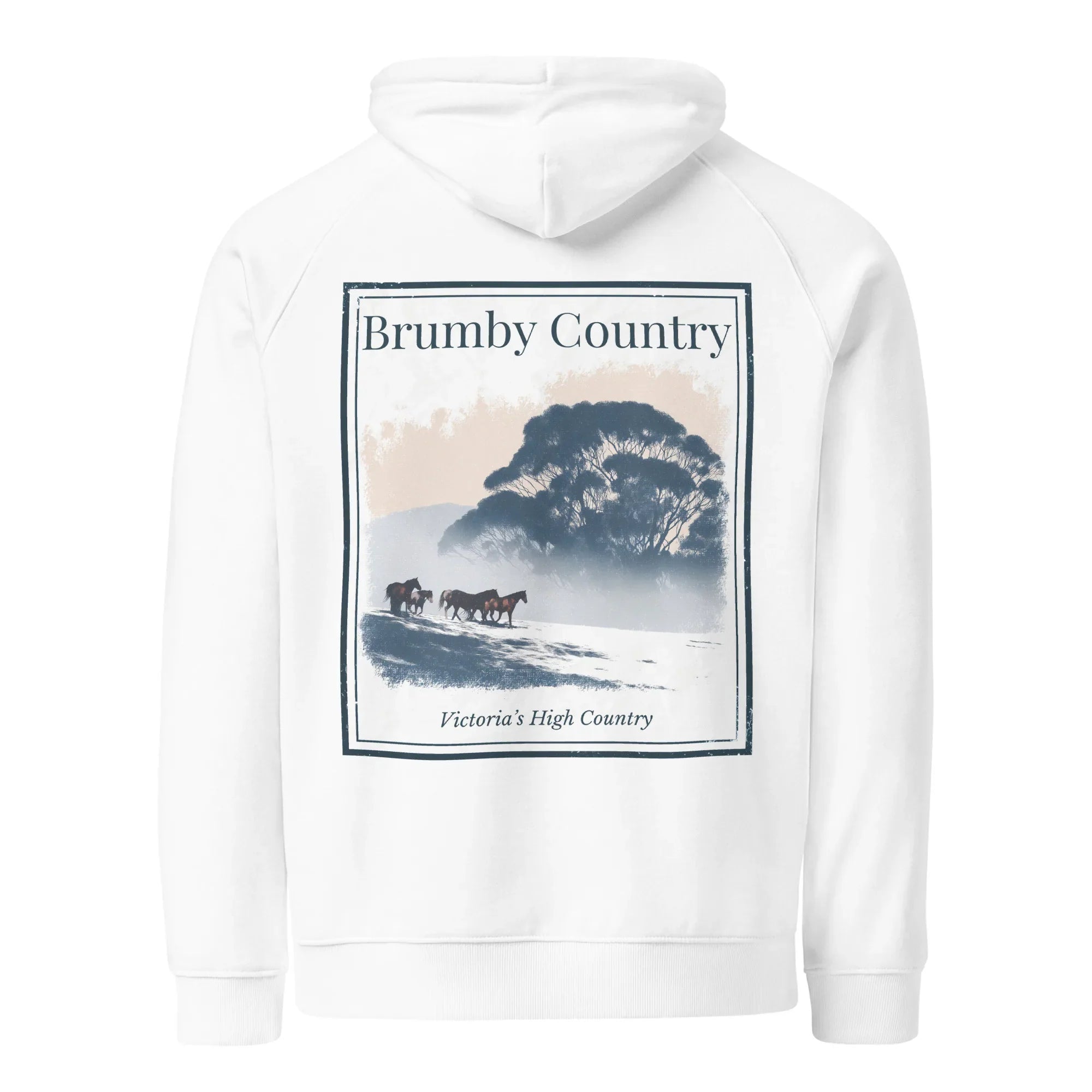White eco hoodie with large back graphic print and Brumby Country text