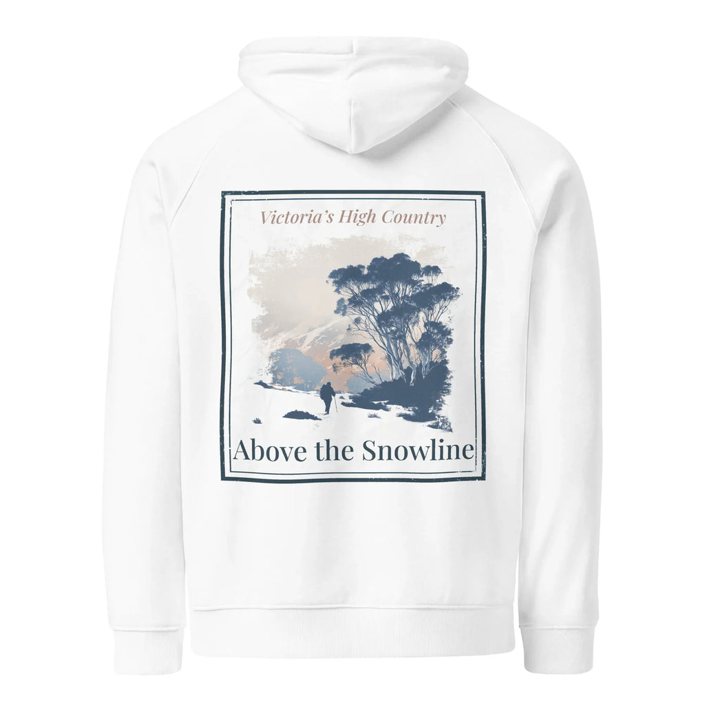 Eco hoodie, white, front square graphic print with trees and text 'Above the Snowline'