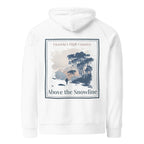 Eco hoodie, white, front square graphic print with trees and text 'Above the Snowline'