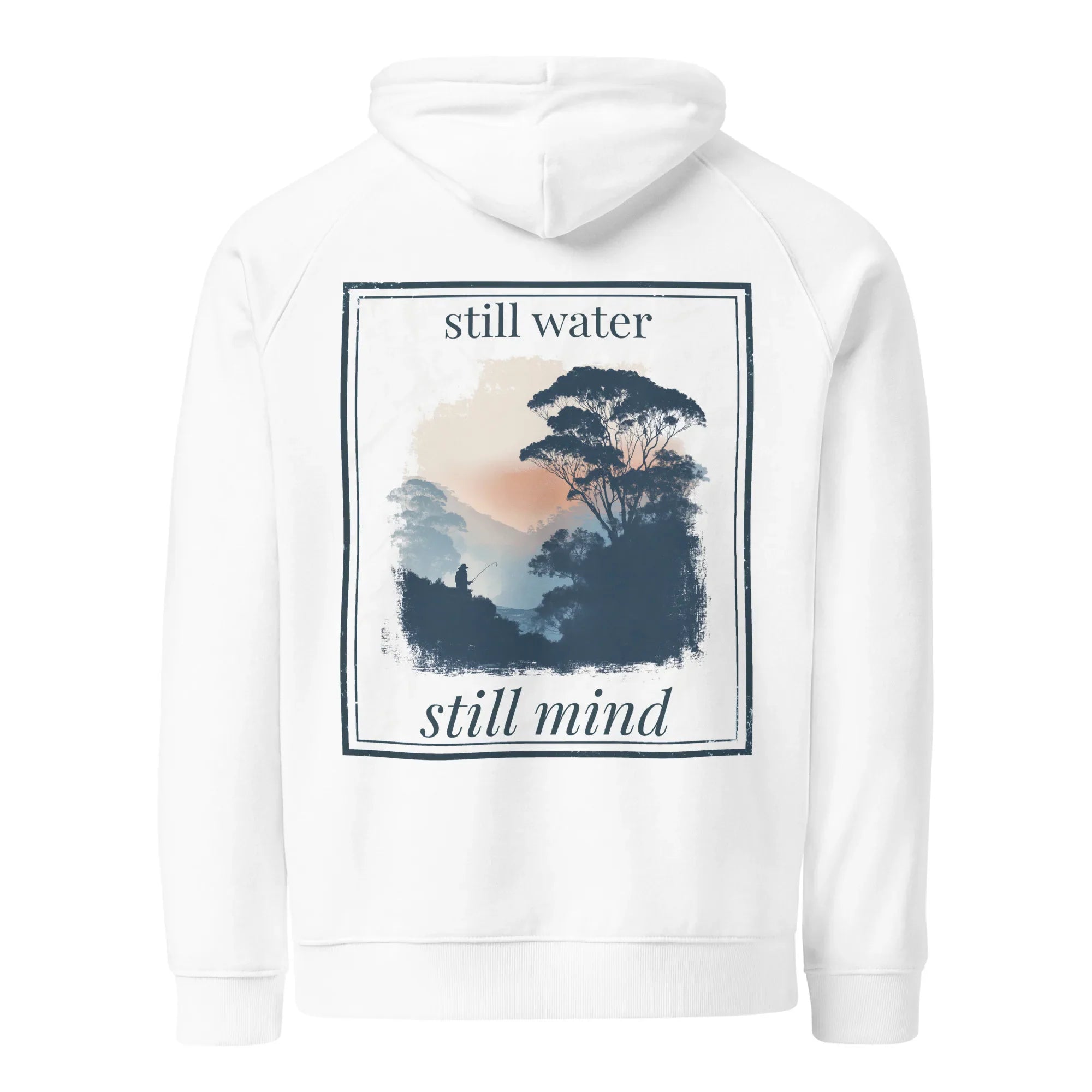 White hoodie, back graphic print reading “still water” and “still mind”
