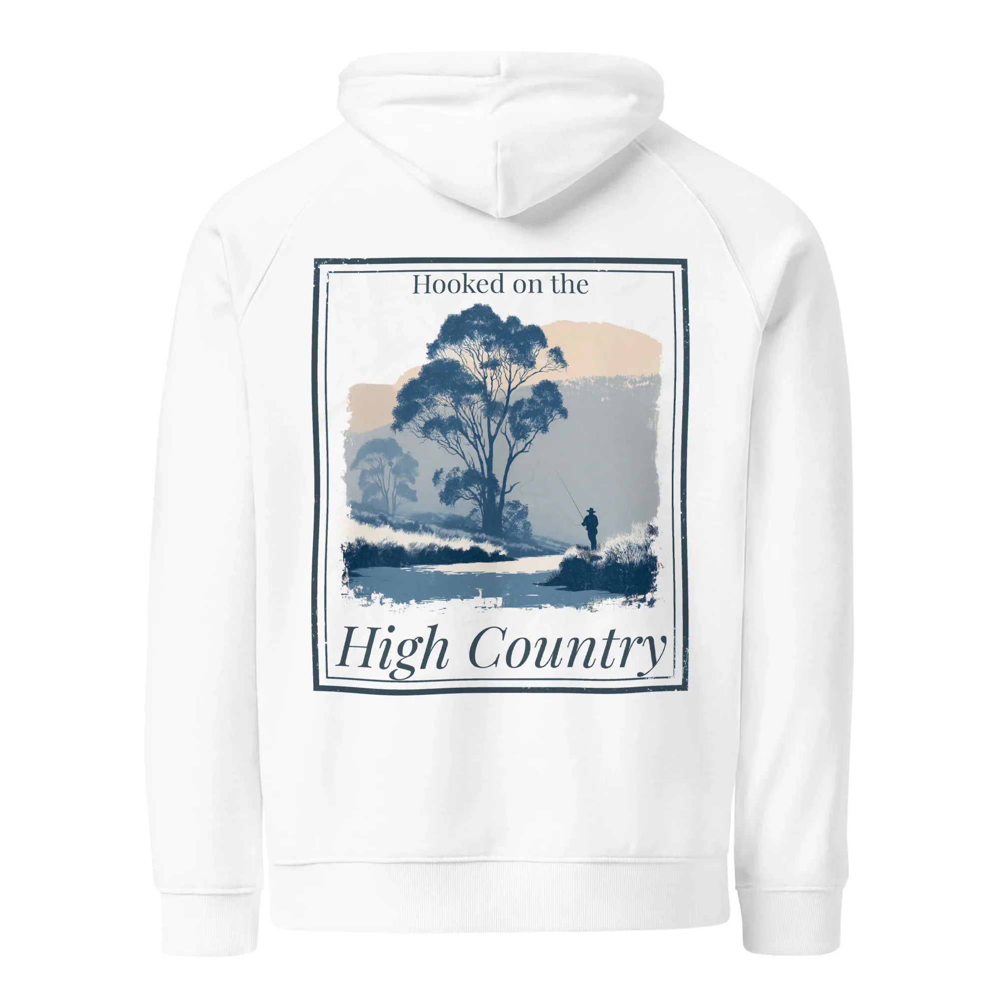 White hoodie with hood and large back “High Country” graphic