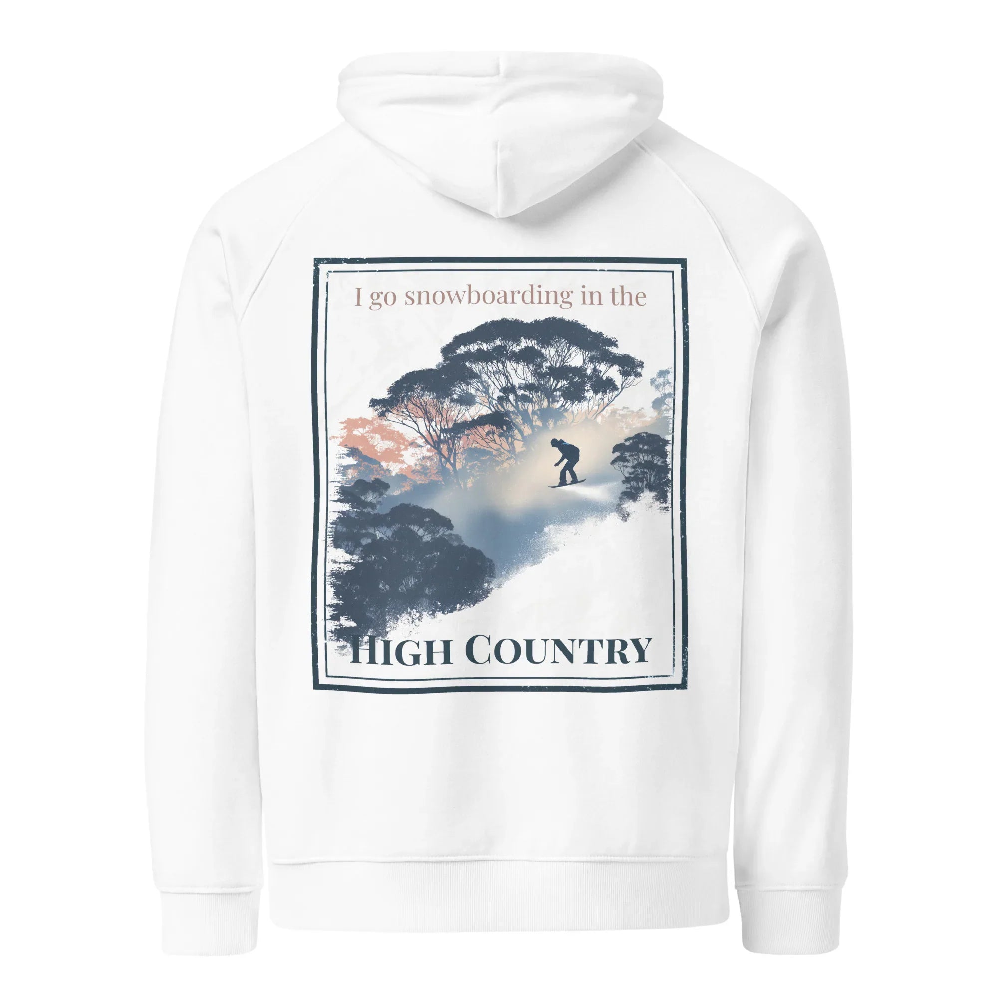 White eco hoodie with centered back graphic and hood