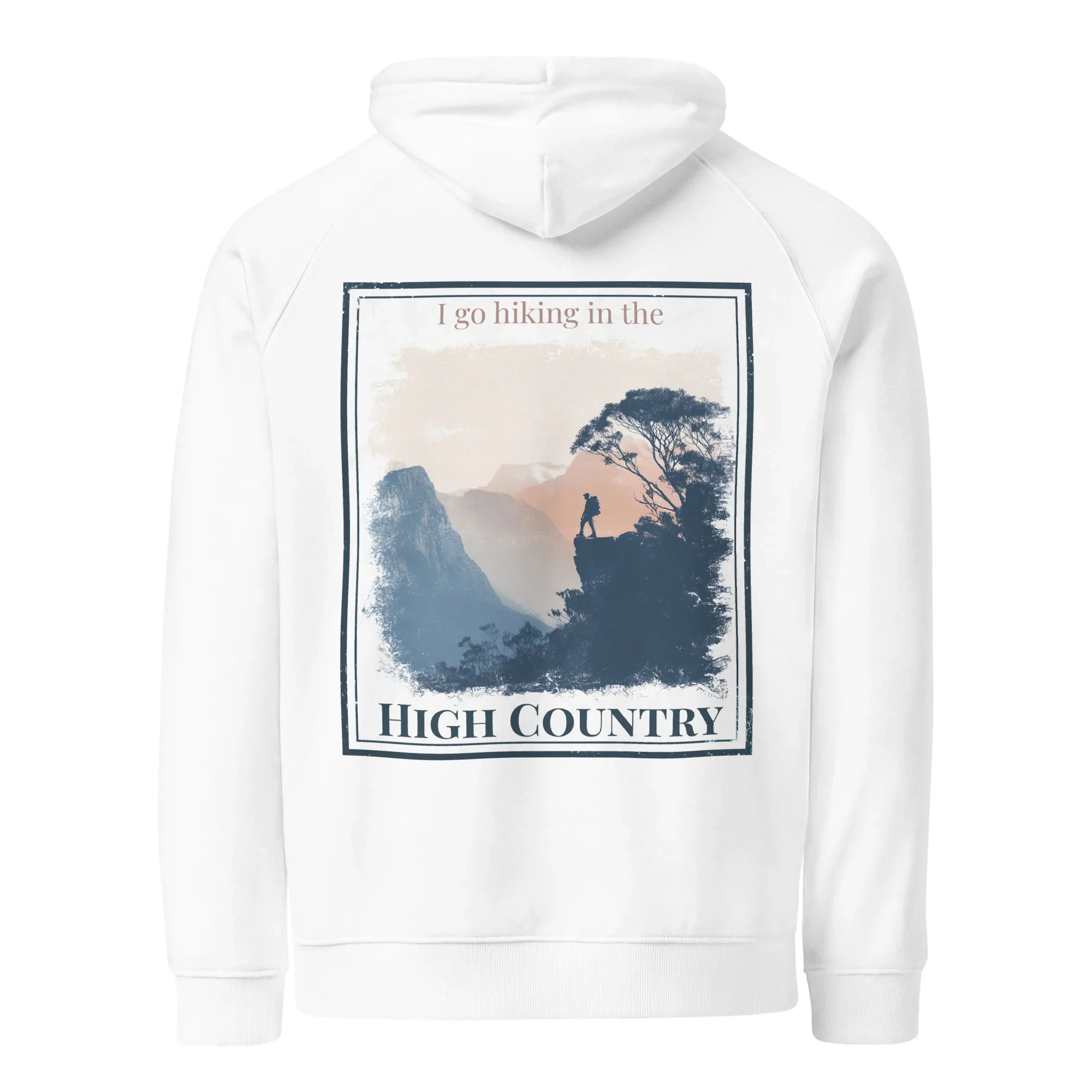 White hoodie with central 'High Country' graphic and hood drawstring