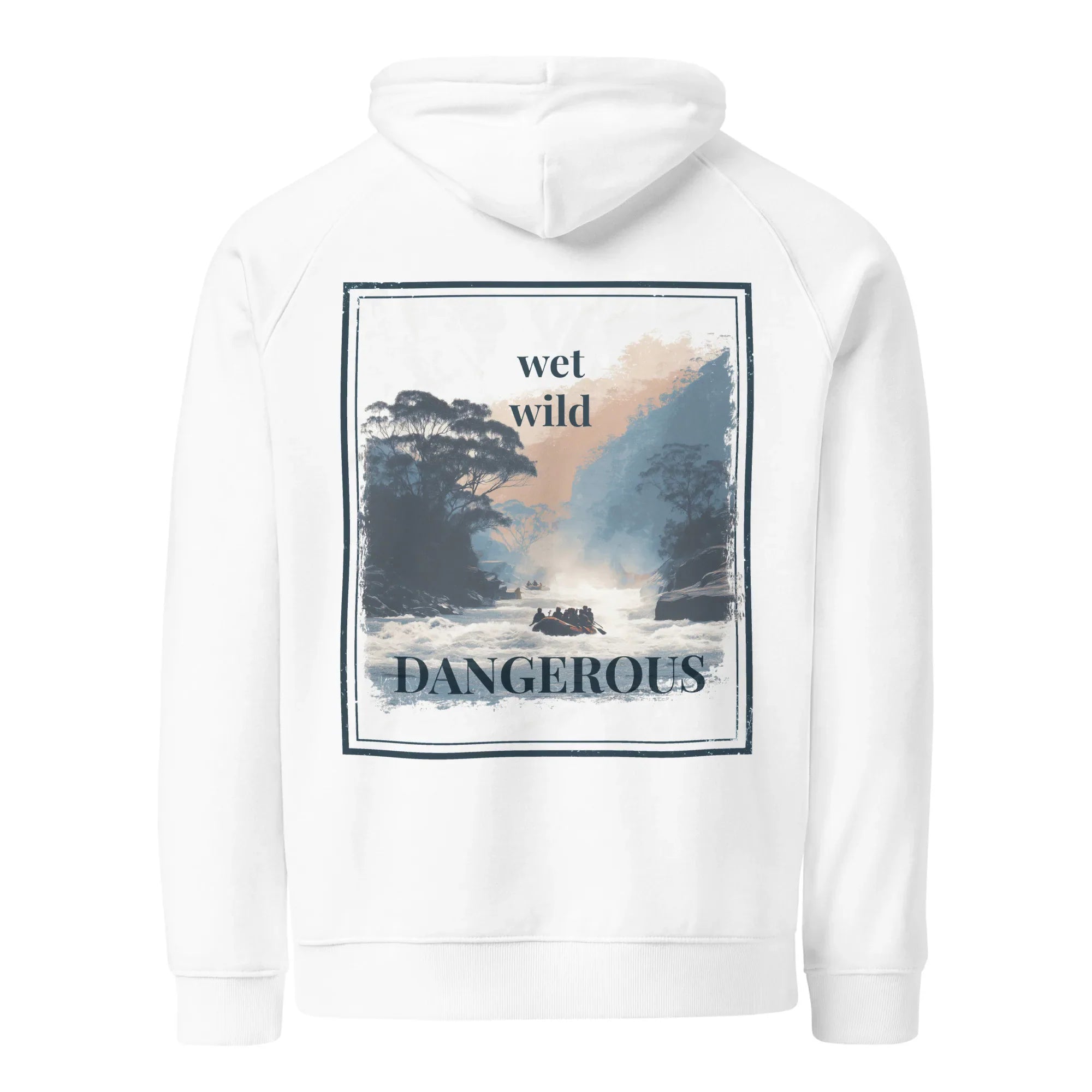 White hoodie with back graphic print inside square: wet wild, DANGEROUS