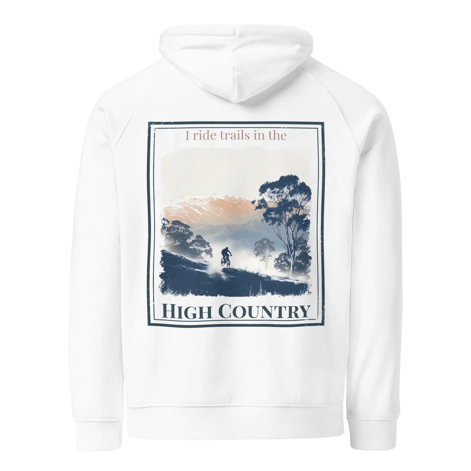 White hoodie, back view, with square scenic graphic and “High Country” text