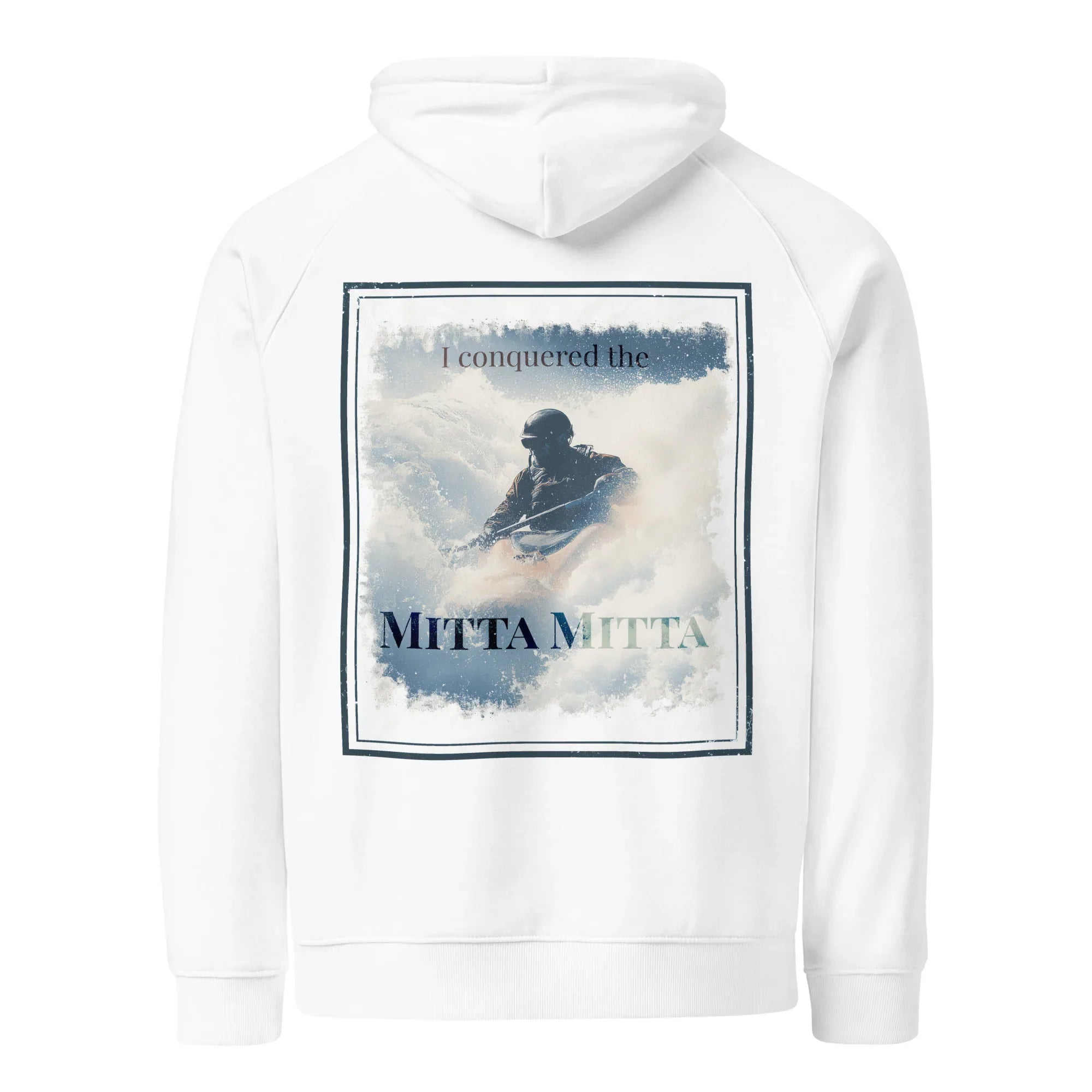 White hoodie with front center square scenic graphic and drawstring hood