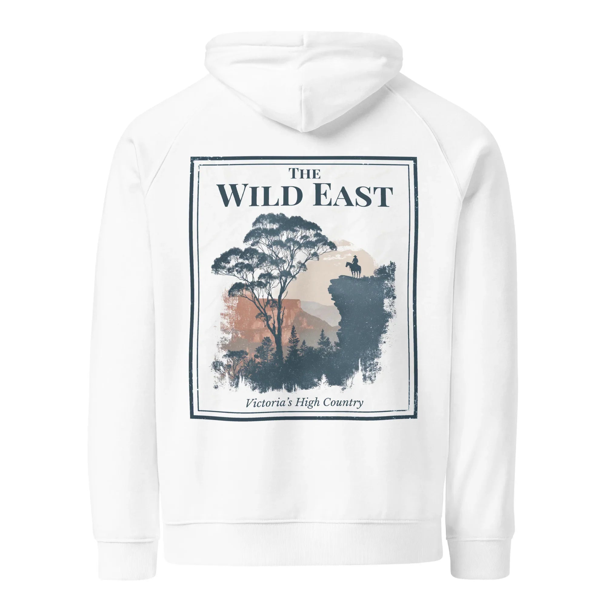 White eco hoodie with large square Wild East back graphic and trees print
