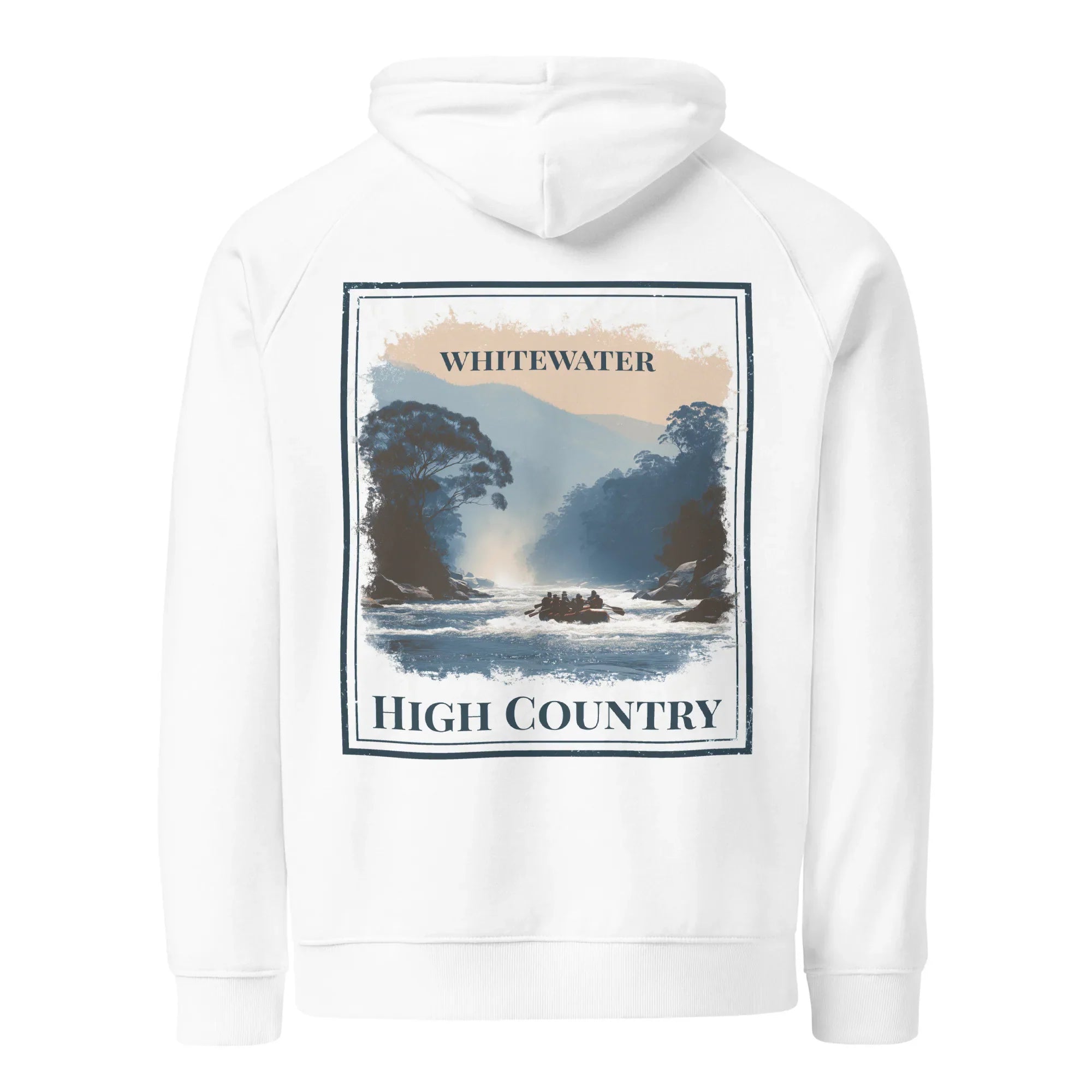 Eco hoodie in white, back view, with “WHITEWATER” and “HIGH COUNTRY” graphic