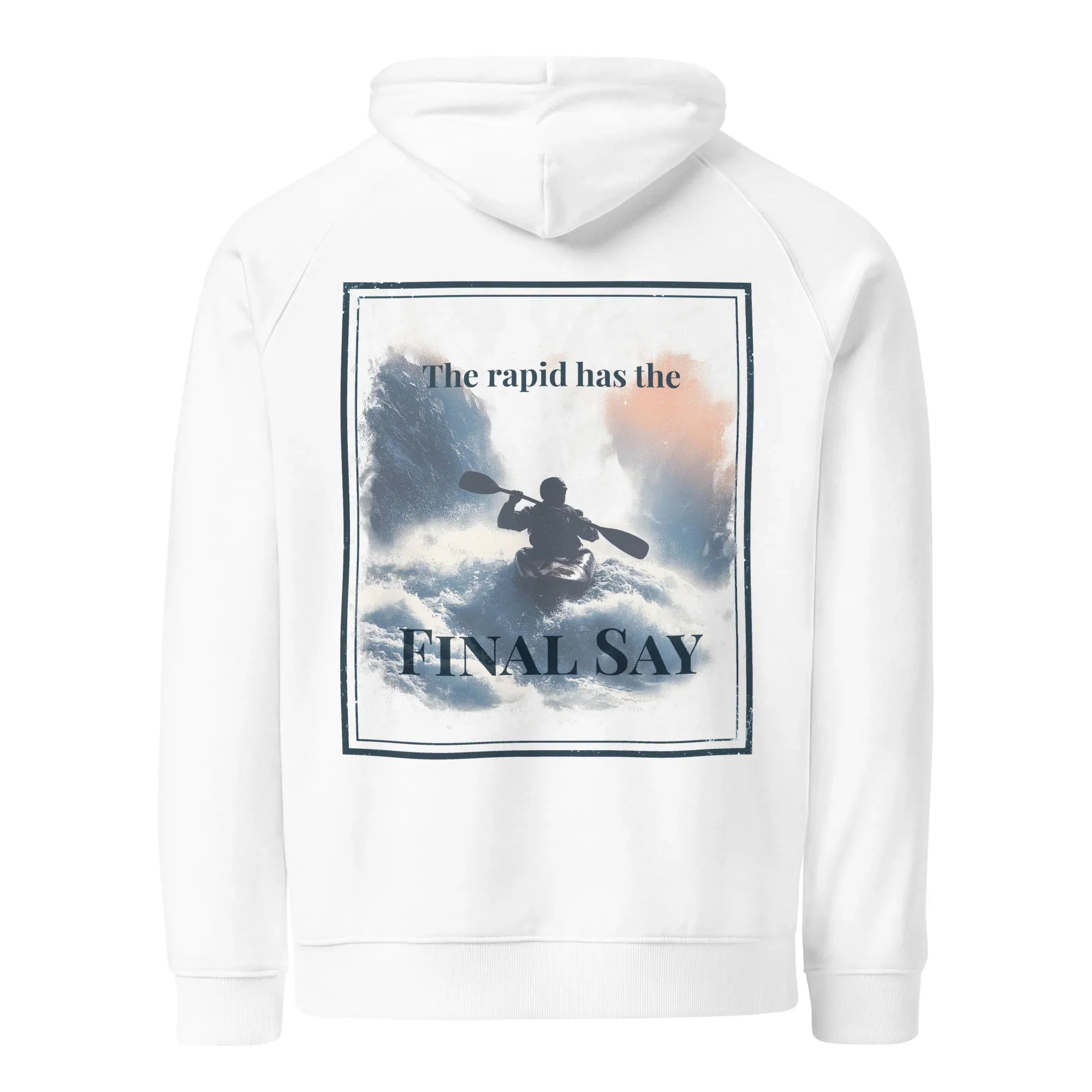 White eco hoodie with hood, kangaroo pocket, and back graphic print
